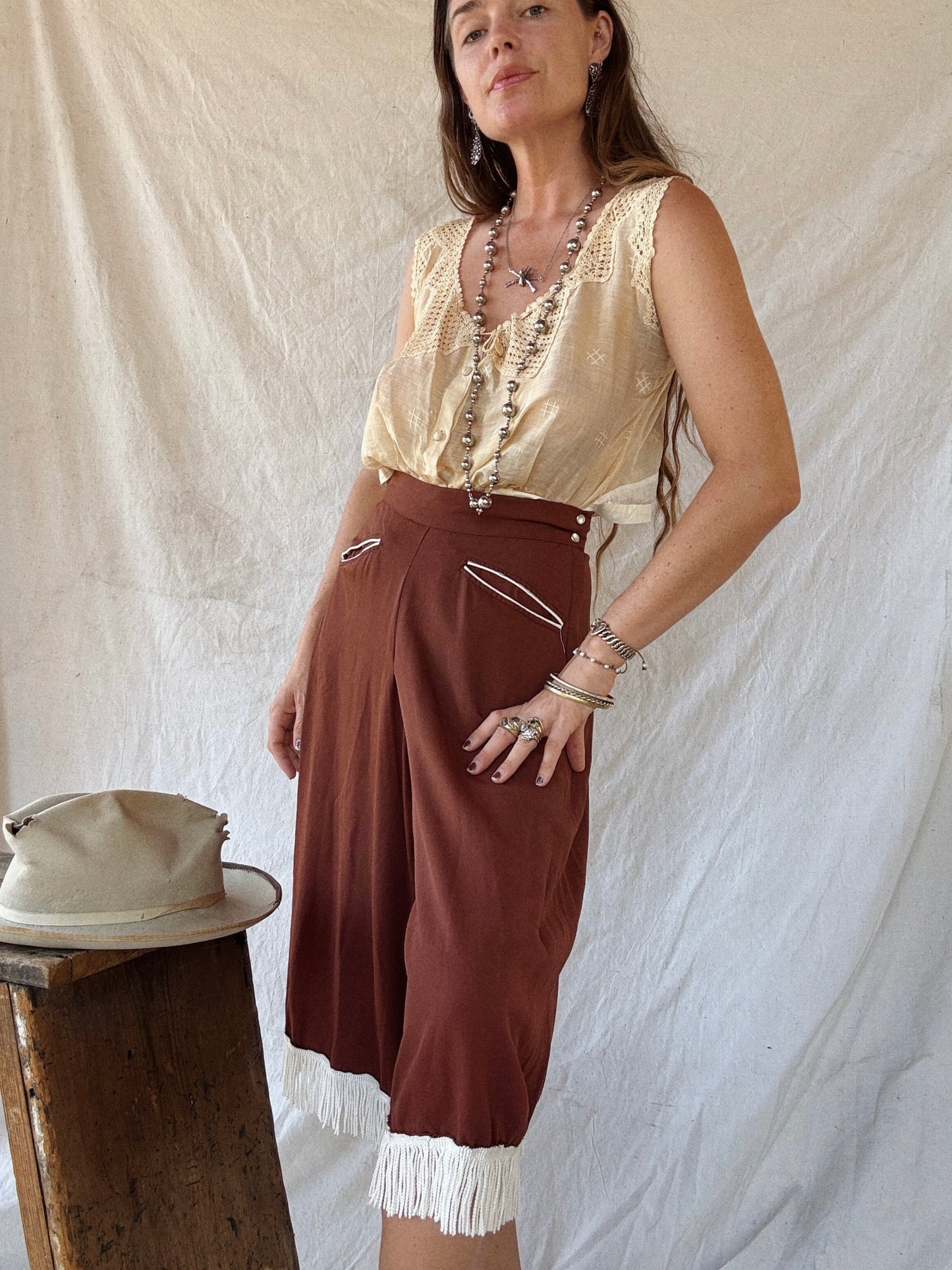 1950s Brown Gabardine Western Fringe Split Skirt Pants- 28” Waist