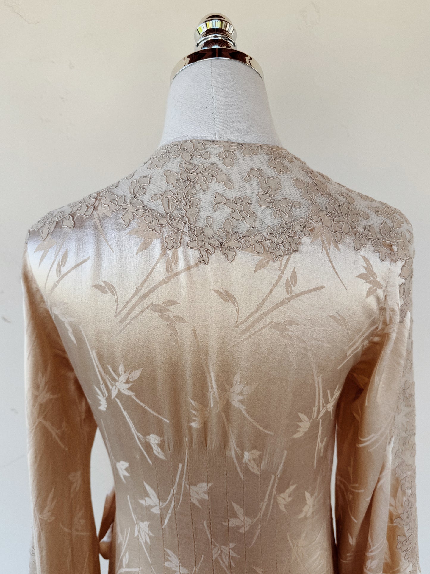 1930s Ivory Silk Charmeuse Bamboo Jacquard Angel Sleeve Robe- S/M-M