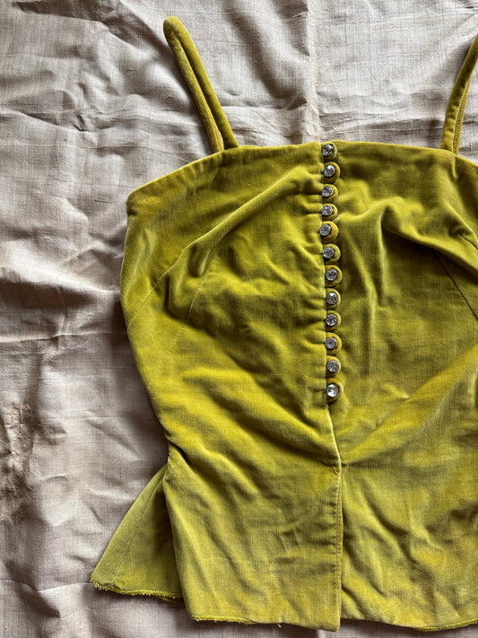 1950s Chartreuse Velveteen Rhinestone Bustier Top- XS/S