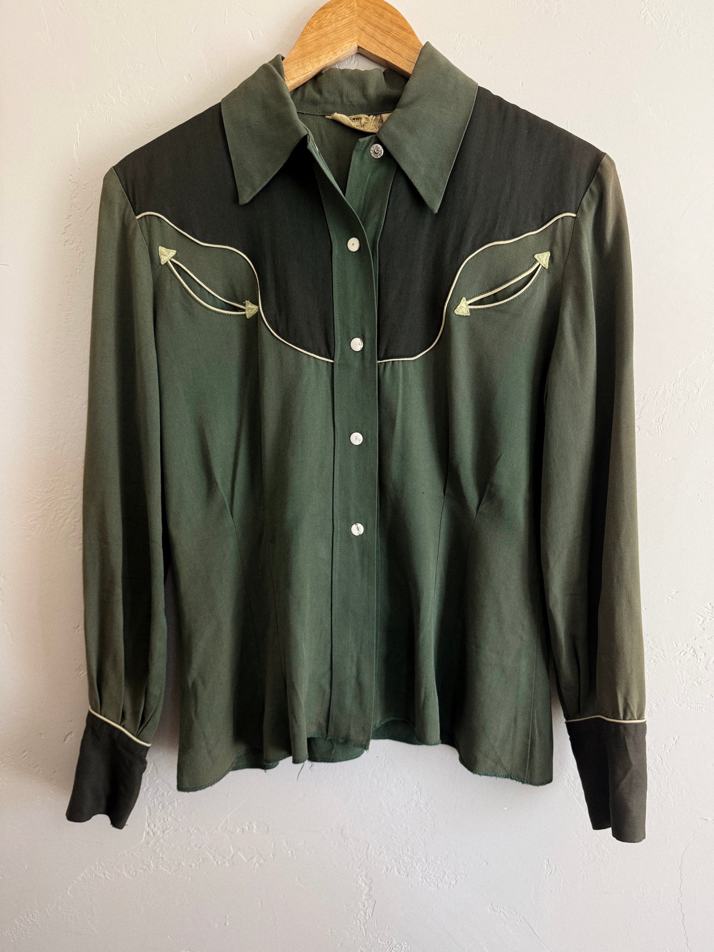 1940s Emerald Tri-Tone Gabardine Western Blouse- M