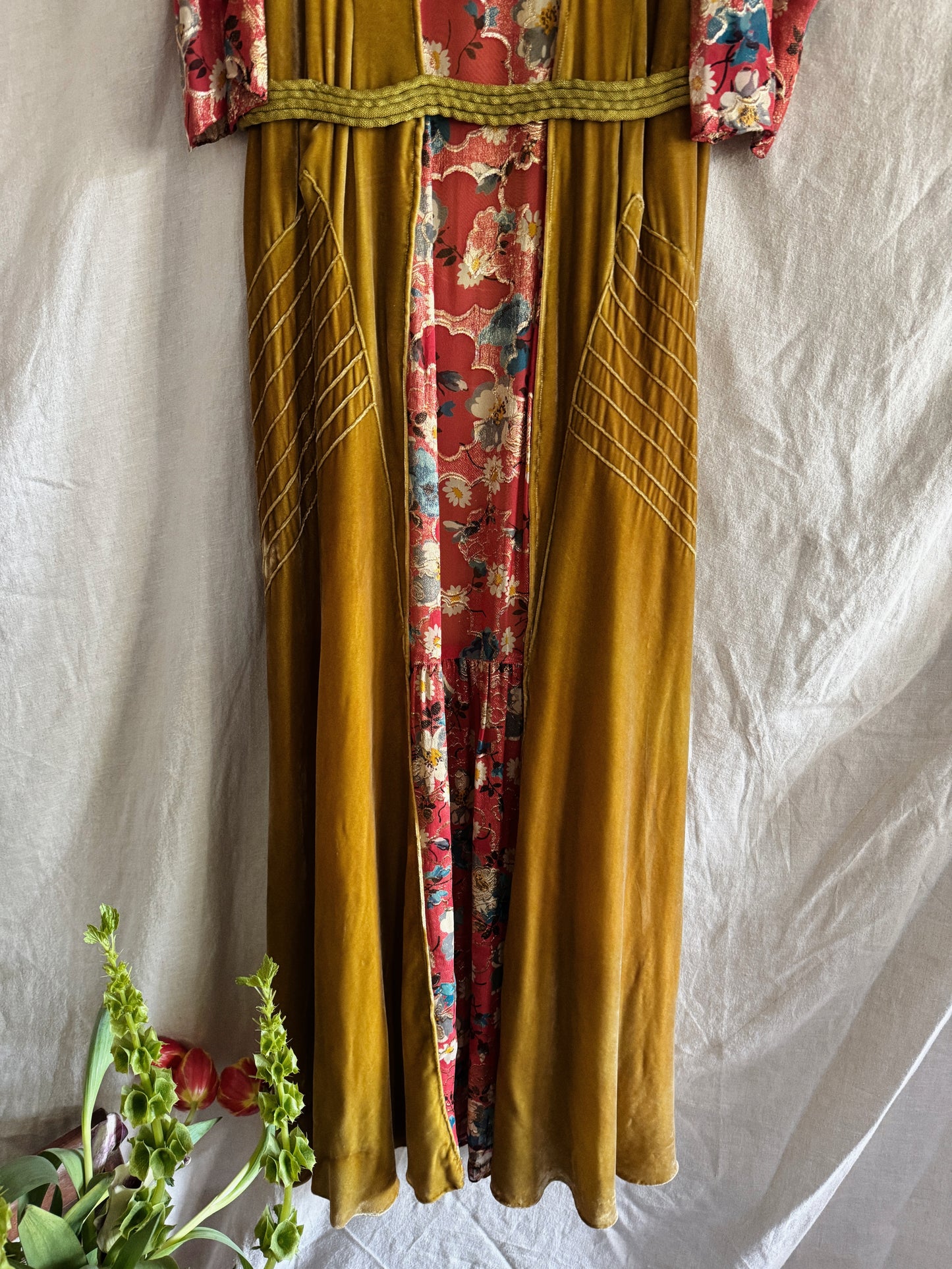 1930s Medieval Golden Velvet + Red Floral Lamé Gown- S/M
