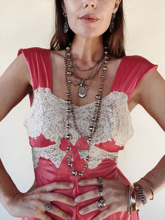 1930s Fuchsia Candy Pink Silk Slip Dress w/ Lace + Bow Appliqué- S/M