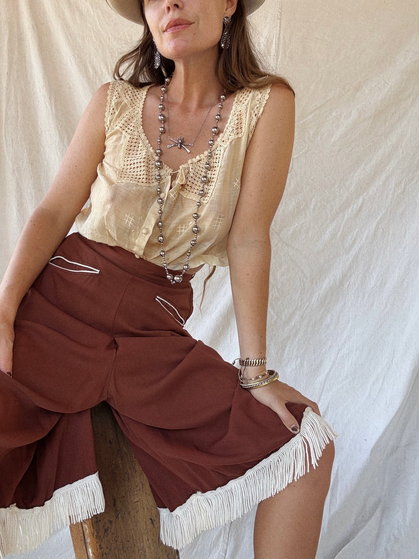 1950s Brown Gabardine Western Fringe Split Skirt Pants- 28” Waist
