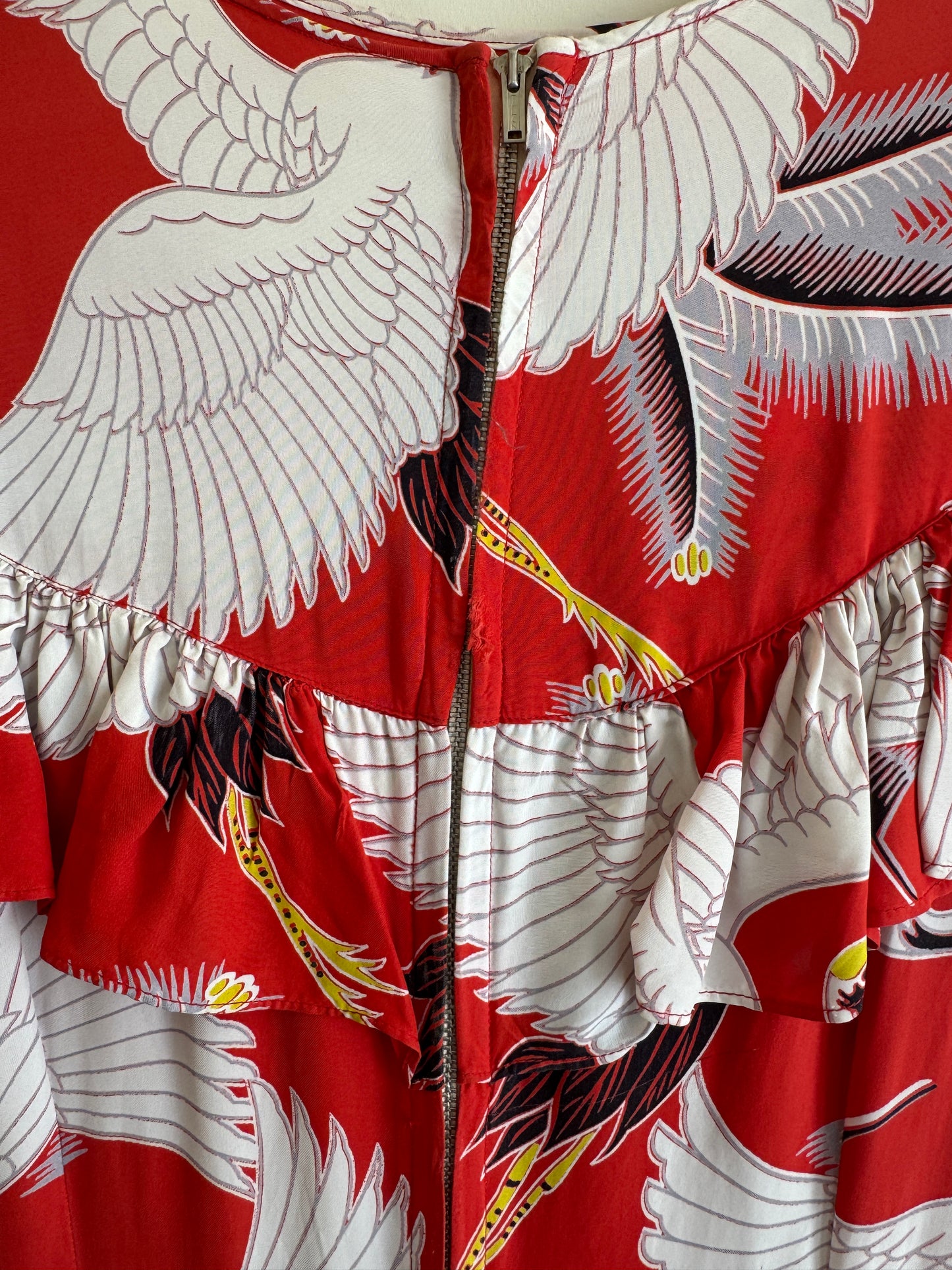 1940s Rare Red Crane Hawaiian Cold Rayon Dress- L