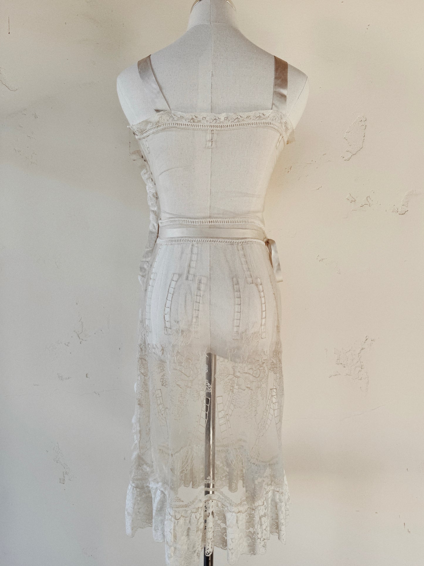 1930s White Net + Lace Dress w/ Silk Ribbon- XS/S