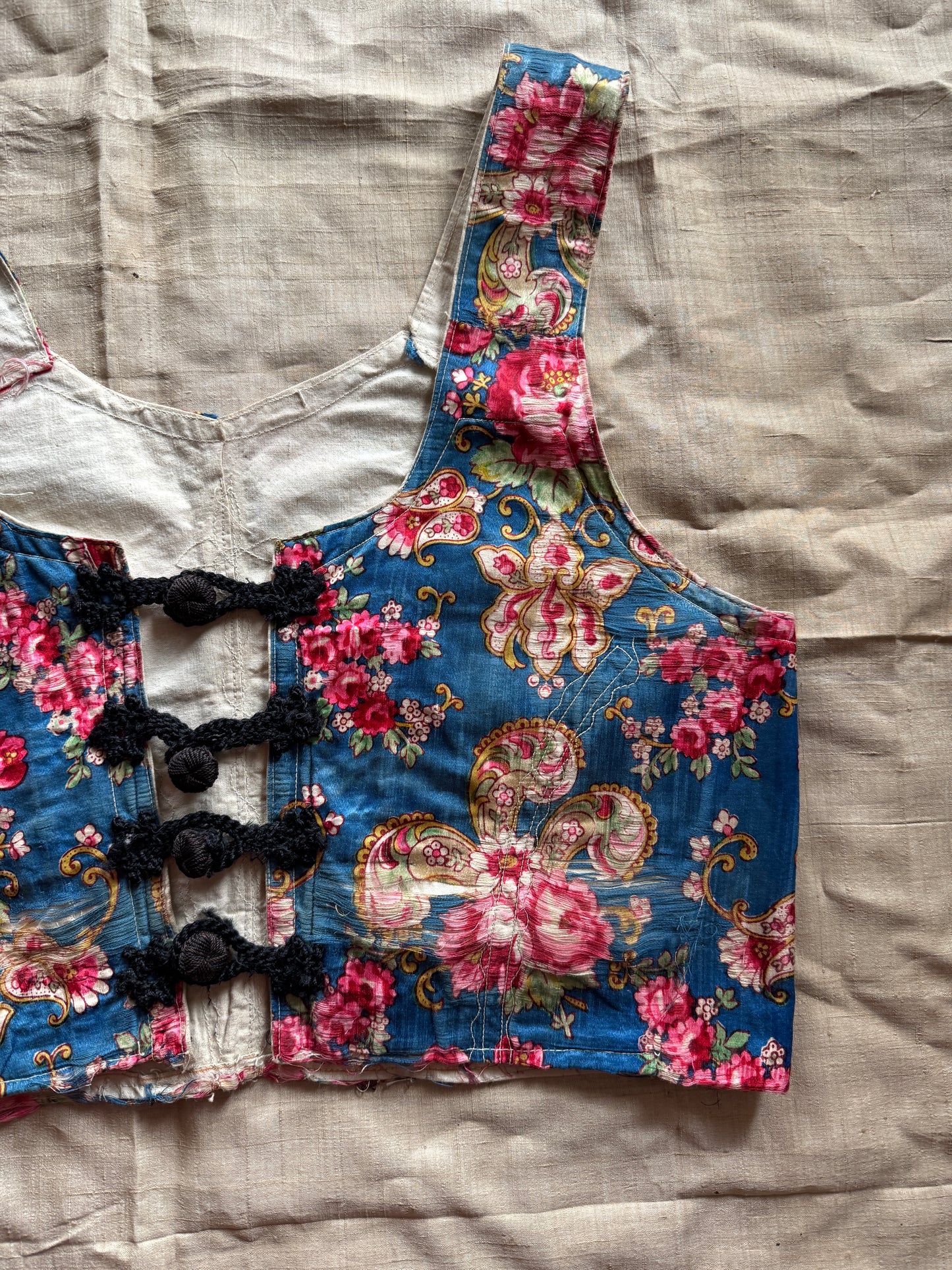 Antique Eastern European Silk Rose Folk Bodice Vest- S/M