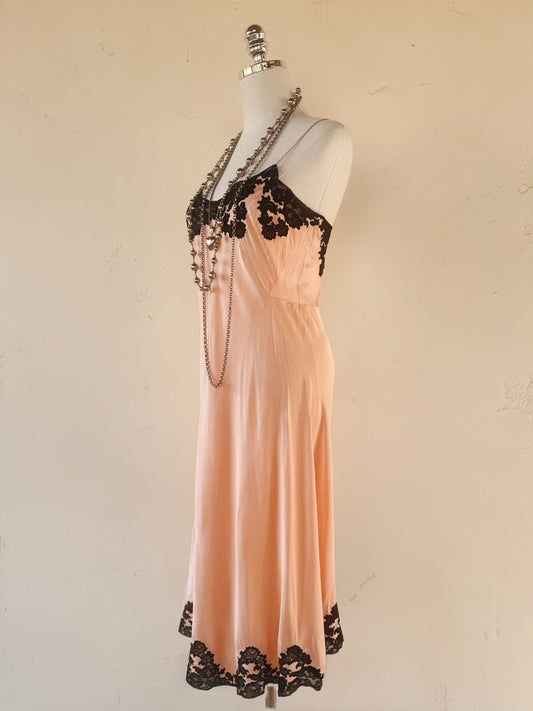 1930s Pretty in Pink Silk + Black Lace Slip Dress- S/M
