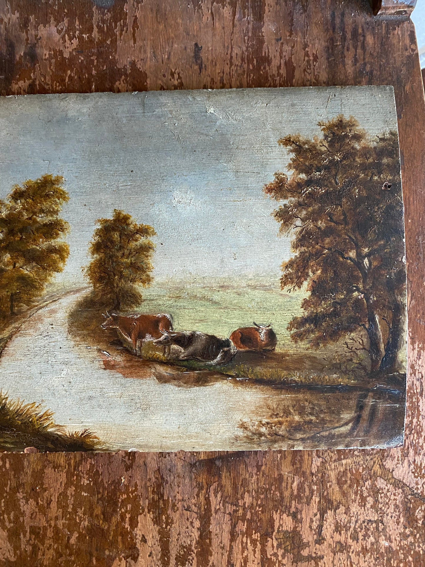 19th C. Petite English Pastoral Country Scene w/ Cows- 7x10”