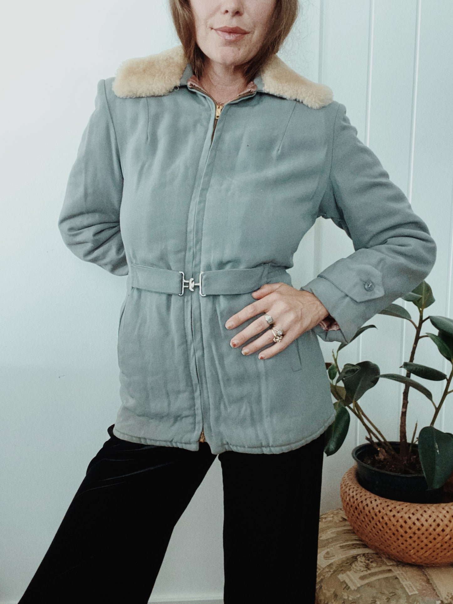 1940s Grey Gabardine Car Jacket w/ Fur Collar- M/L