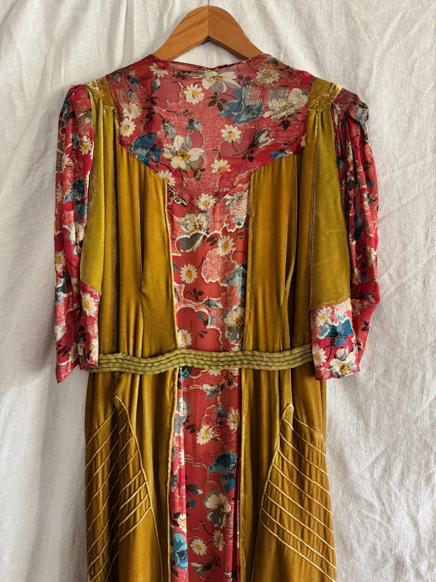1930s Medieval Golden Velvet + Red Floral Lamé Gown- S/M
