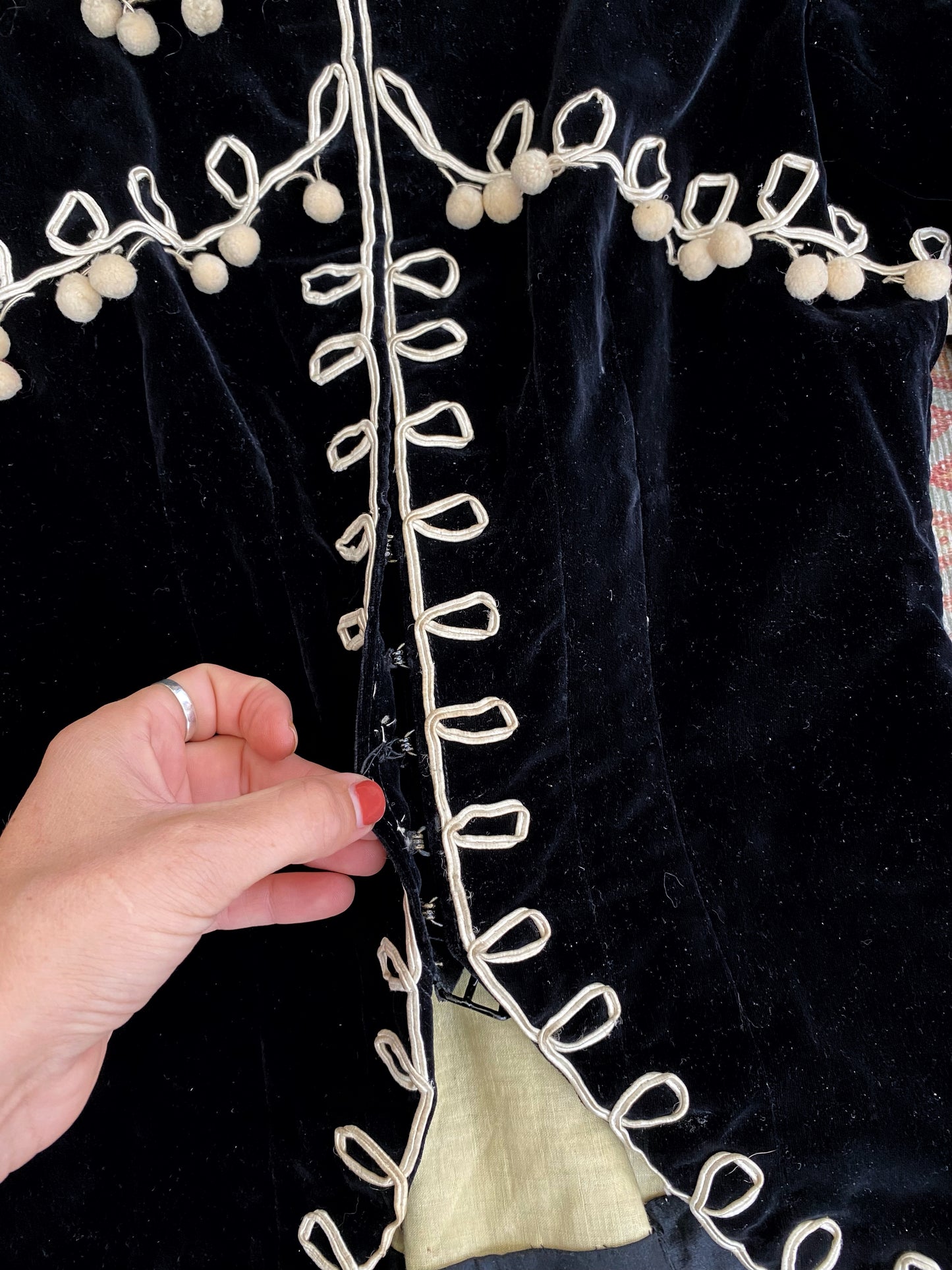 Victorian Black Velvet Tailored Jacket w/ Pom Poms and Peter Pan Collar- S
