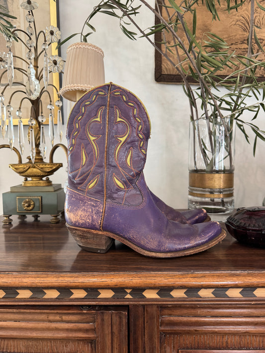 1950s Purple + Chartreuse Acme Inlay Cowboy Boots- 6.5/7