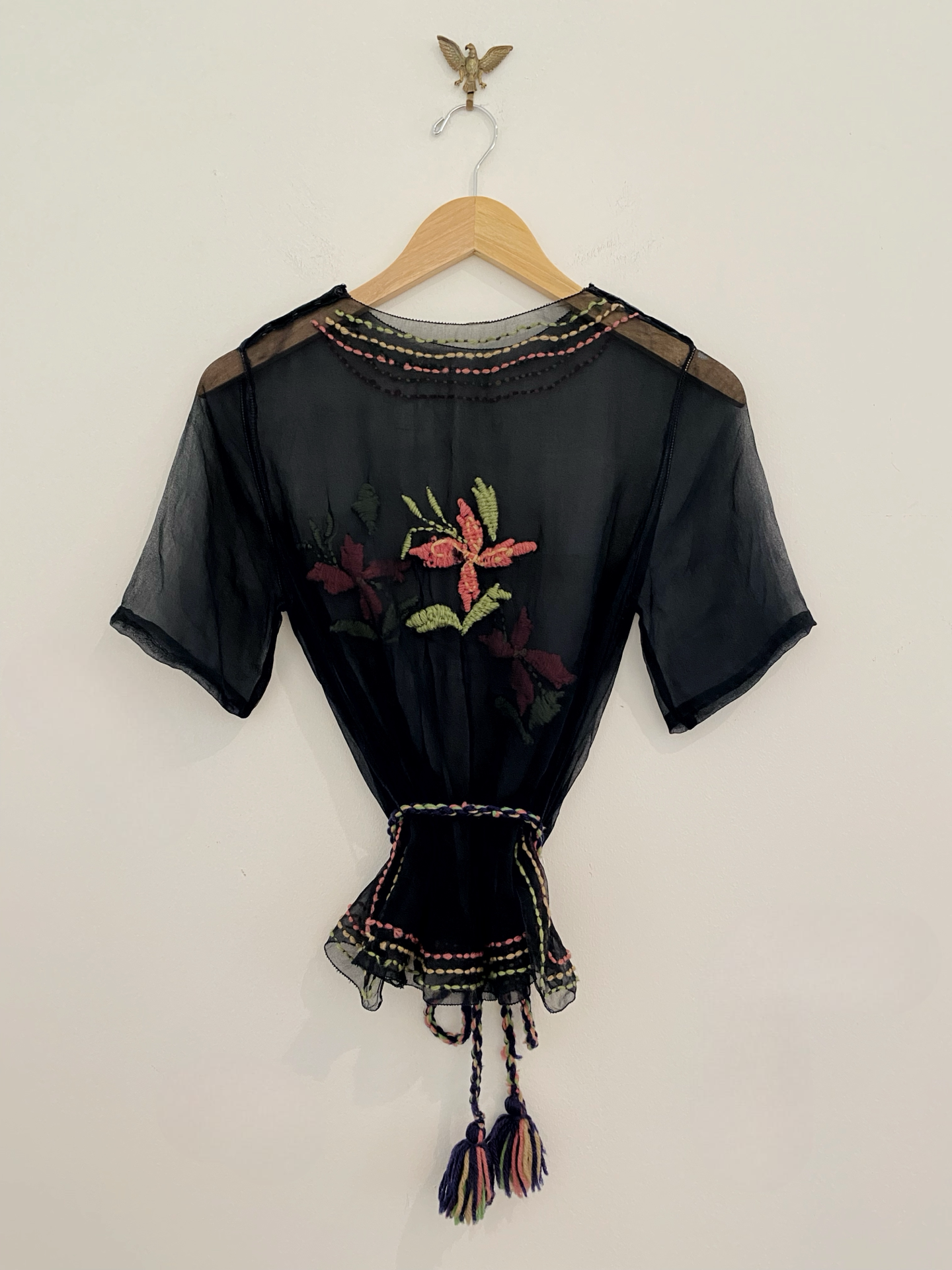 1920s Black Chiffon Top W/ Floral Embroidery- S/M