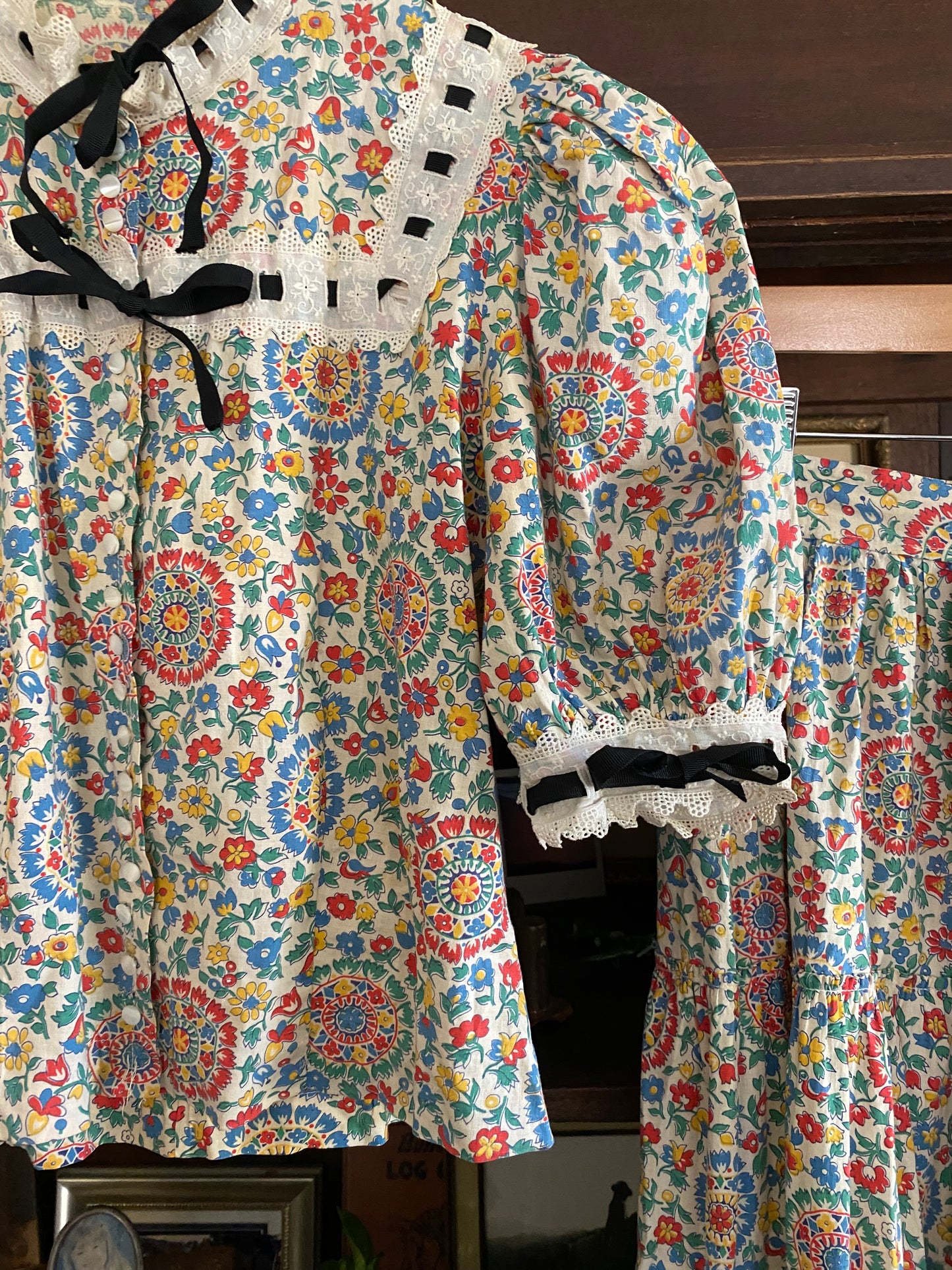 1930s Multi Colored Cotton Floral Puffed Sleeve Maxi Skirt Set- S/M