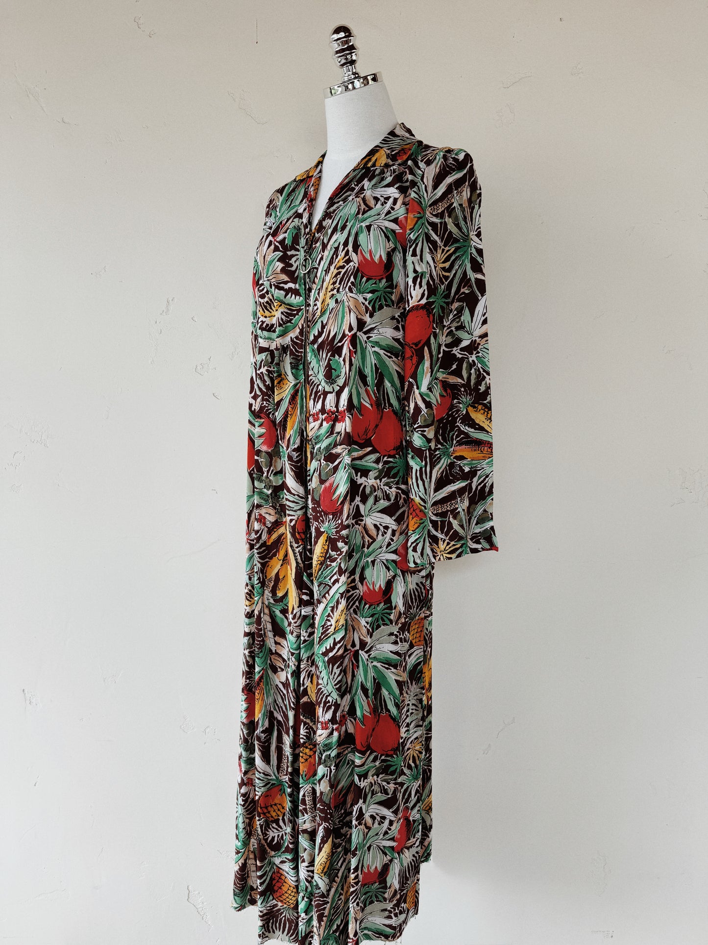 1940s Fruit Print Crepe Kaftan Dress- S/M
