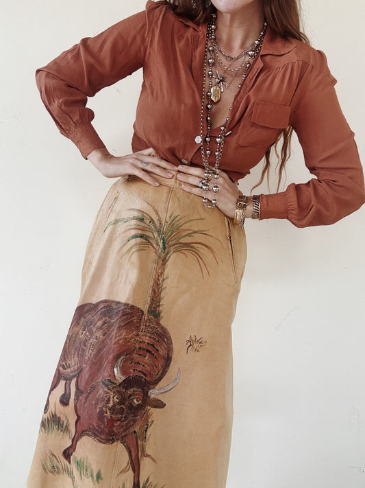 1930s/40s Hand Painted Buckskin Leather Western Skirt w/ Chain Zips + Side Cinches- M-M/L