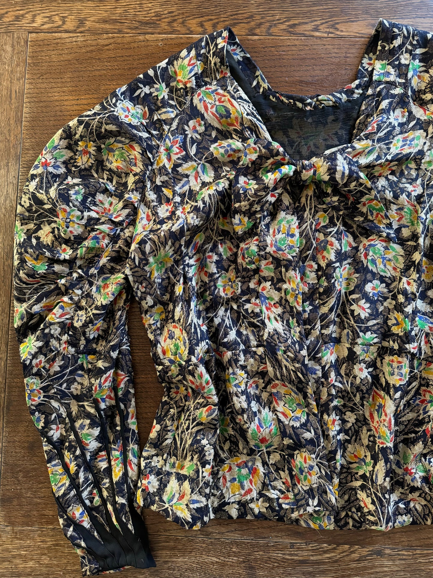 1930s Rare Rainbow Floral Lamé Mutton Sleeve Jacket- S/M