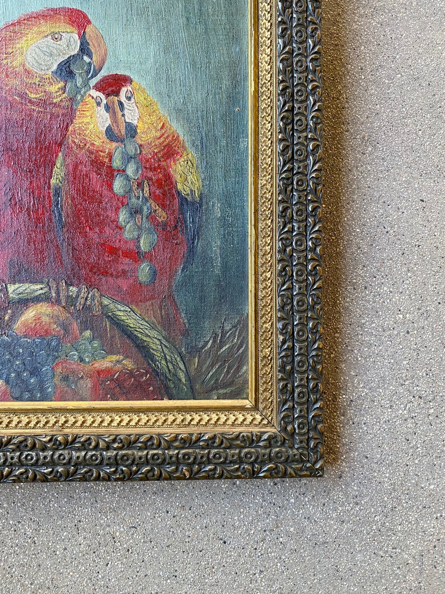 Antique Oil Painting of Parrots in Gilt Frame, Dated 1919- 16 x 18”
