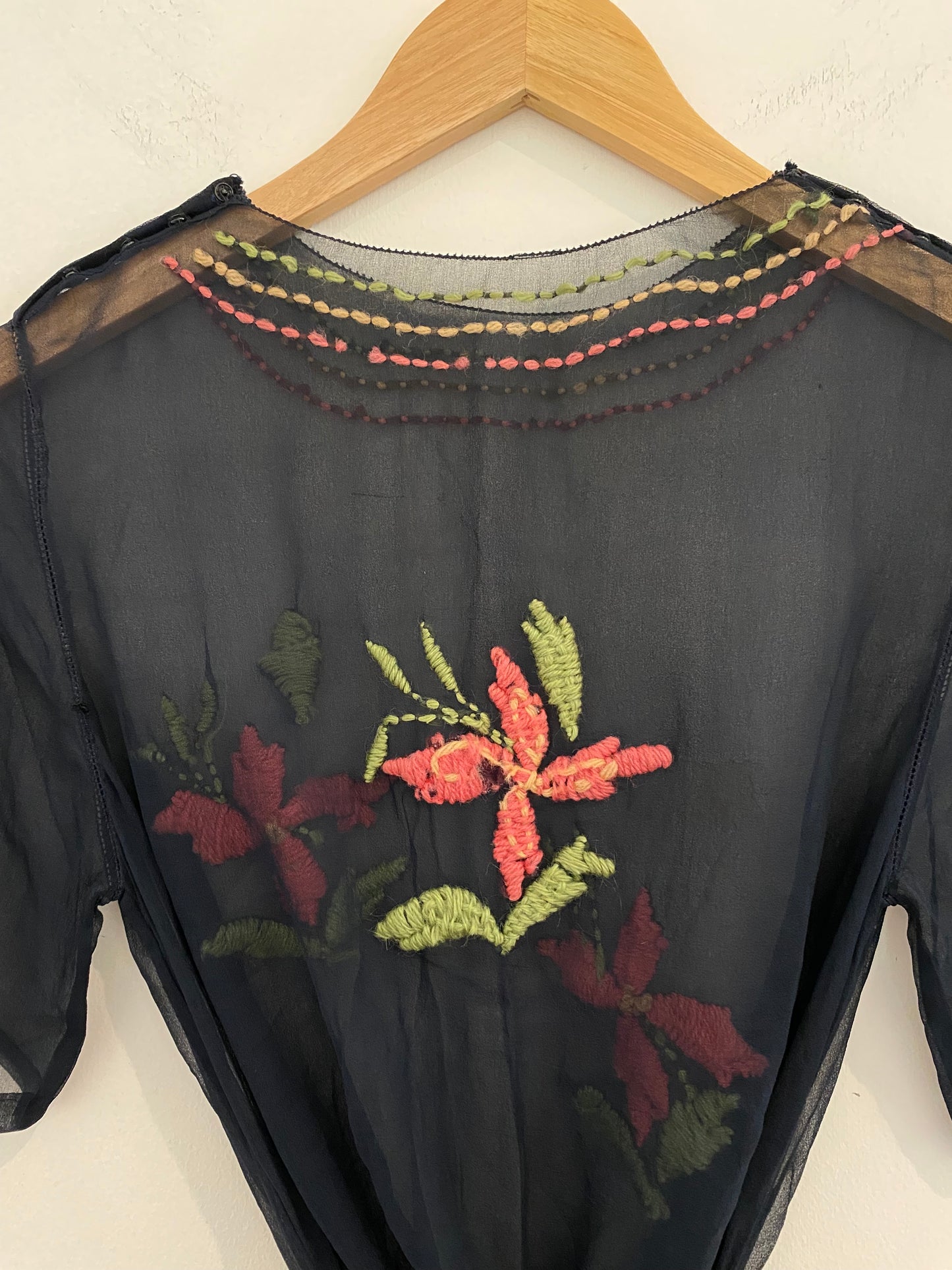 1920s Black Chiffon Top W/ Floral Embroidery- S/M
