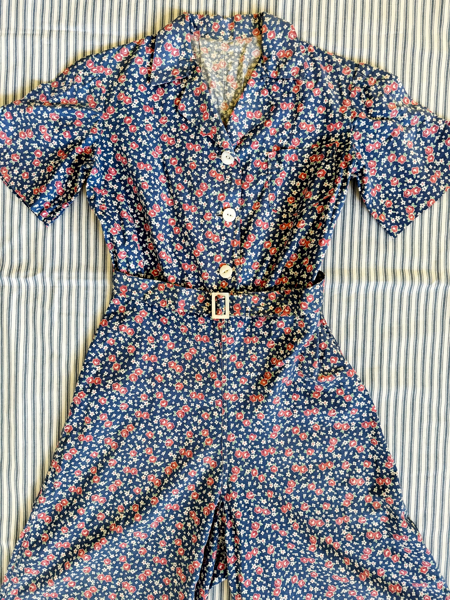 1940s Floral Cotton Playsuit w/ Original Belt- S