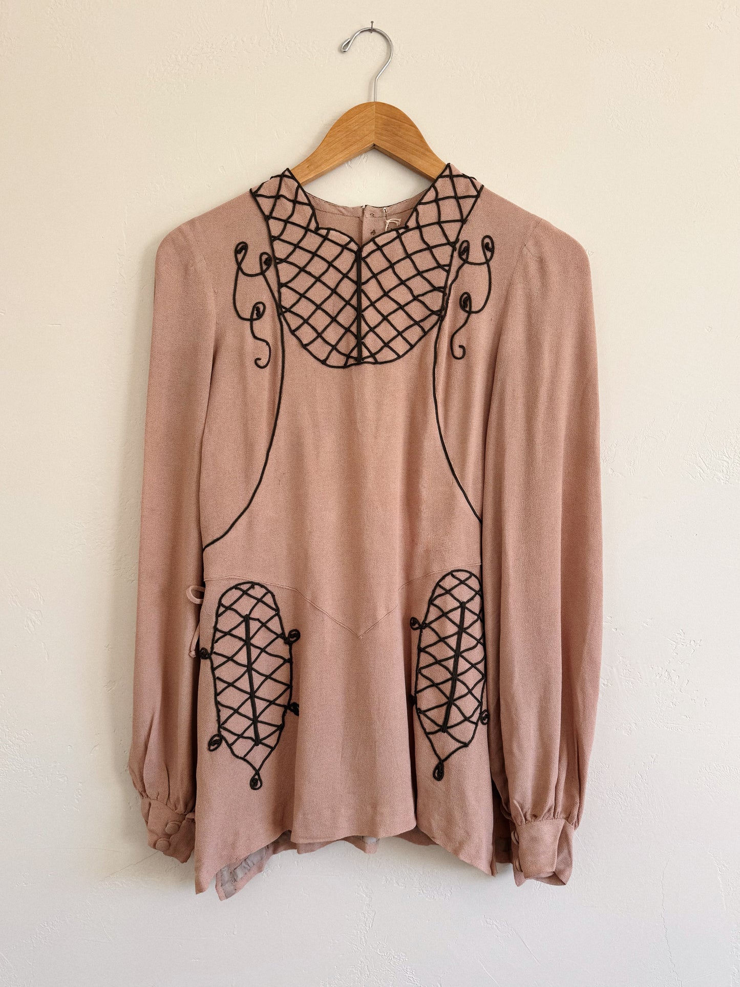 1940s Dusty Mauve Crepe Lattice Blouse w/ Lace Up Sides- S/M