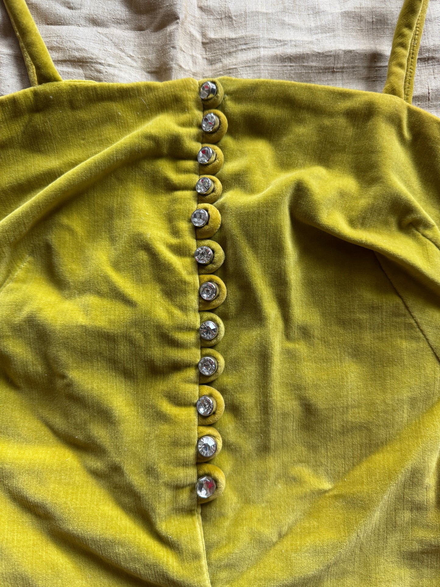 1950s Chartreuse Velveteen Rhinestone Bustier Top- XS/S