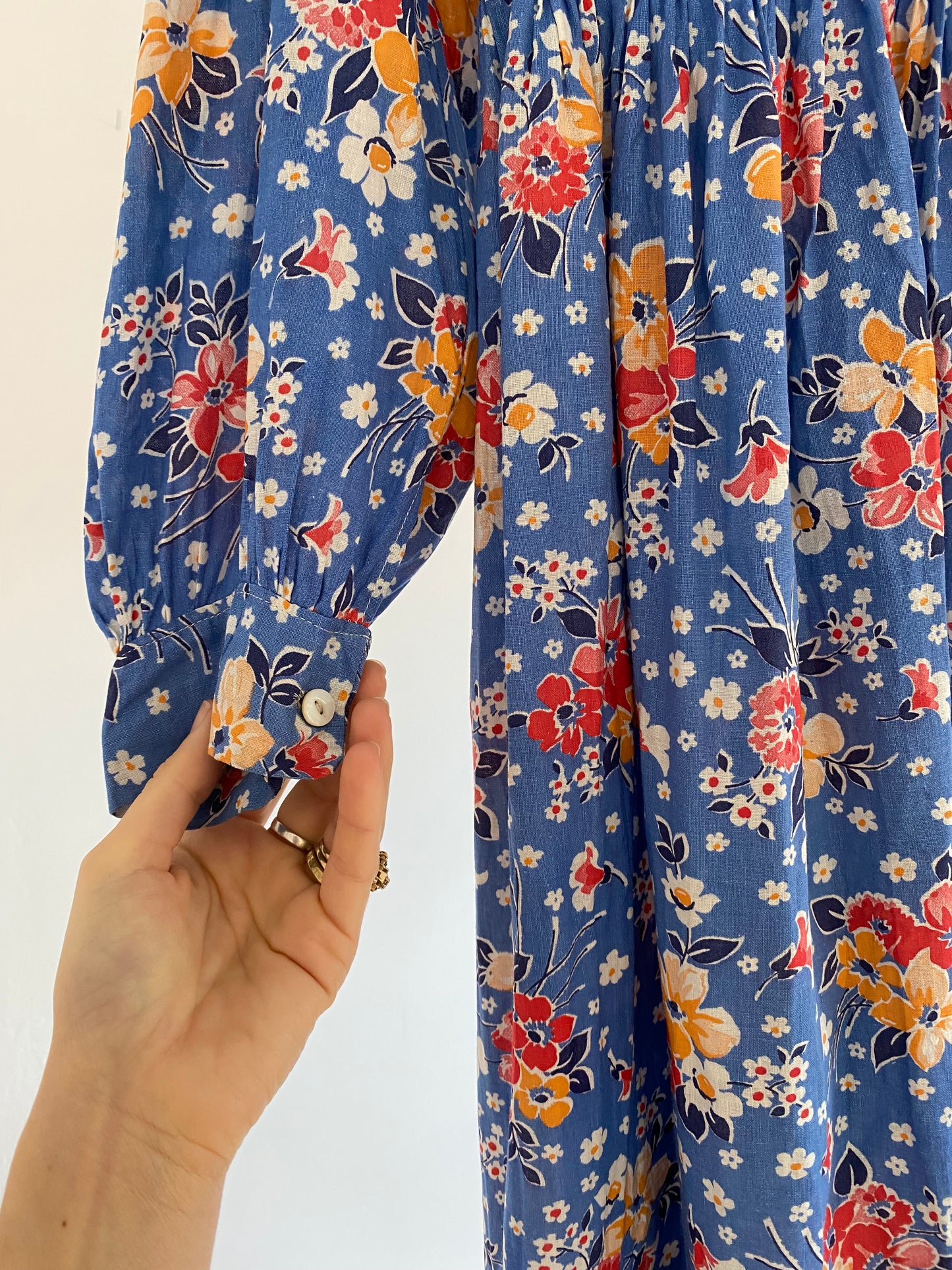 1930s/40s Blue Cotton Floral Maxi Feedsack Dress- M/L
