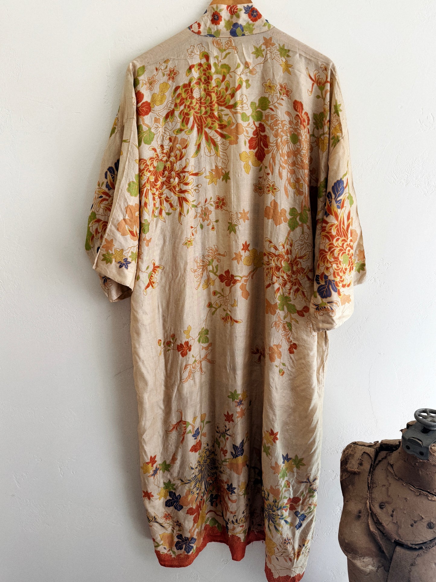 1920s Chartreuse Pongee Silk Duster w/ Chrysanthemum + Autumnal Leaves