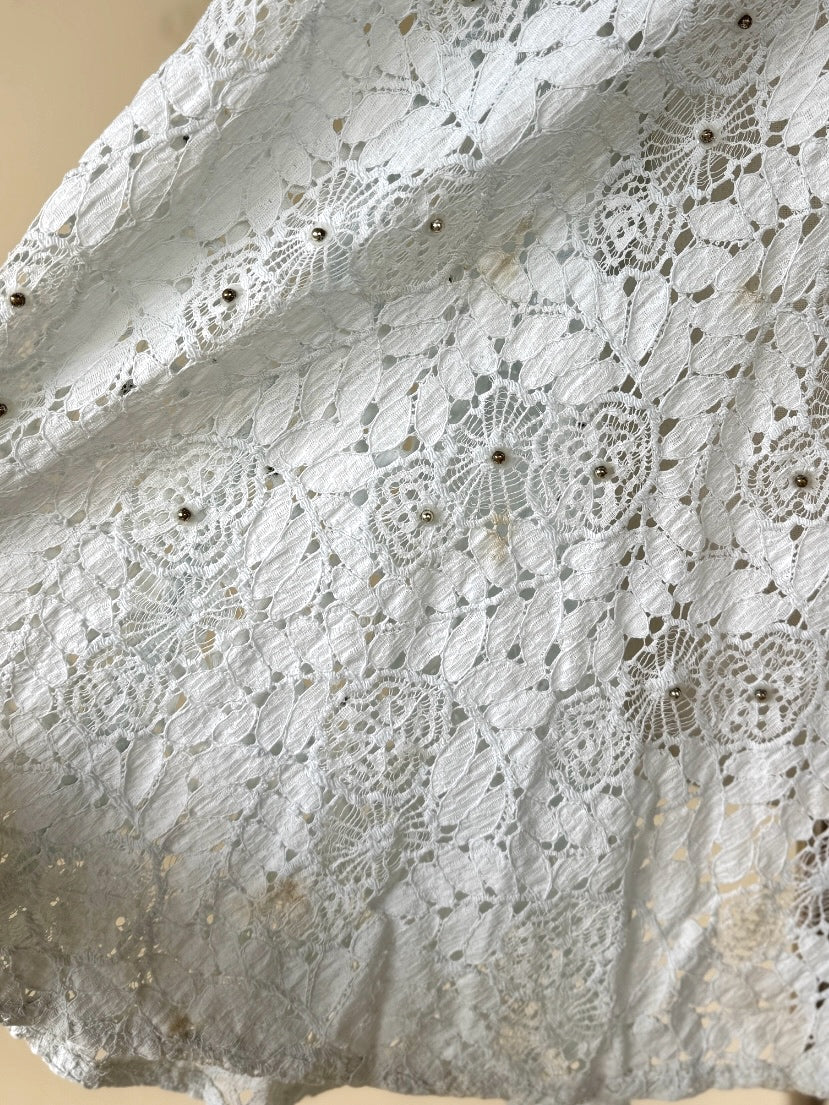 1930s Powder Blue Spider Web Lace Cape w/ Moiré Bow + Silver Ball Beads