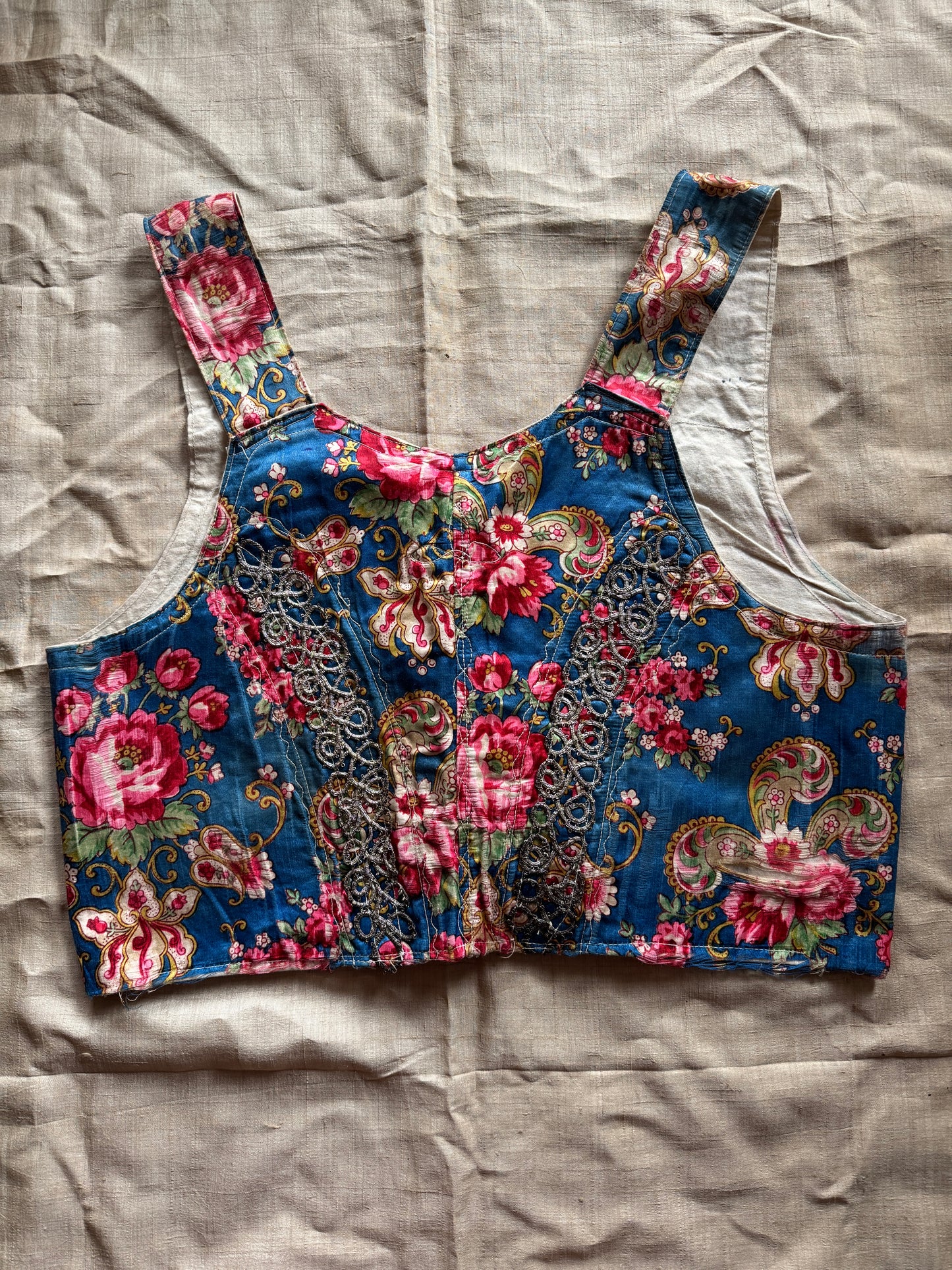 Antique Eastern European Silk Rose Folk Bodice Vest- S/M