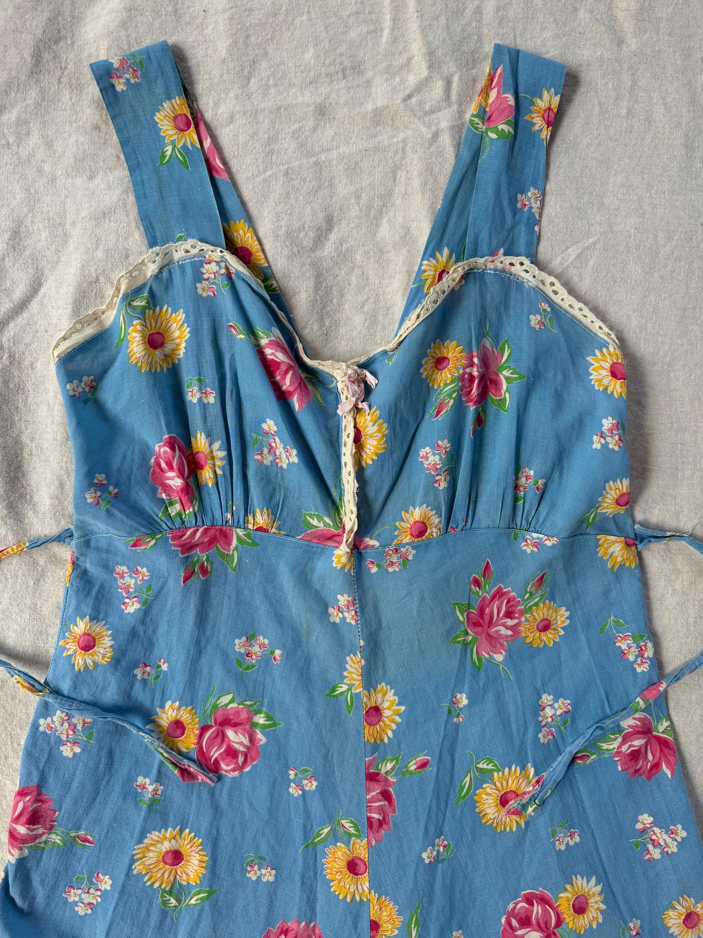 1940s Sky Blue Floral Cotton Playsuit- S