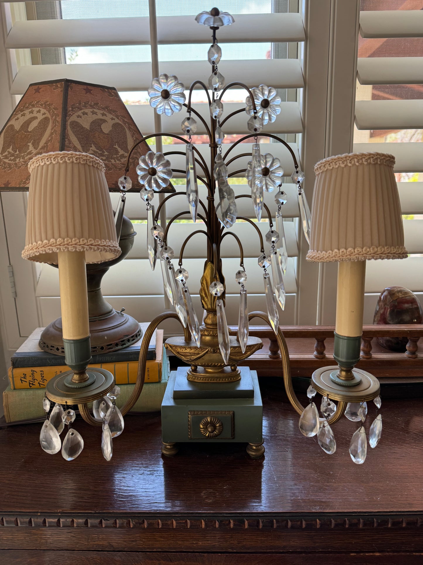 Pair Mid Century French Girandoles Accent Lamps w/ Crystal Accents