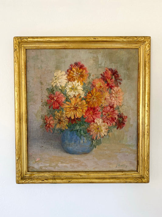 1930s Large Pink Floral Still Life of Zinnias in Gilt Frame- 23x25”