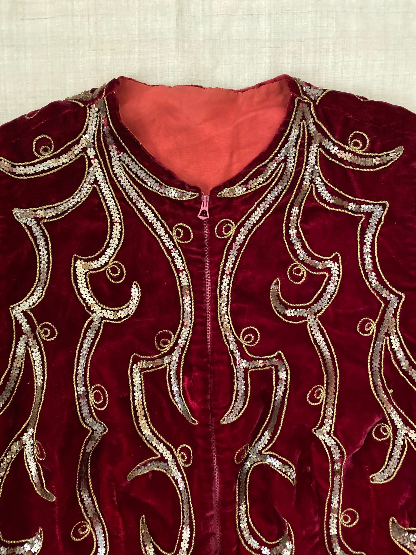 1930s Blood Red Silk Velvet Sequin Cropped Top w/ Bell Zip- S