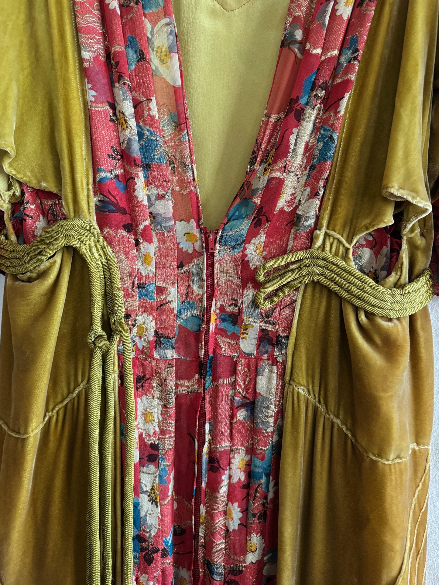 1930s Medieval Golden Velvet + Red Floral Lamé Gown- S/M
