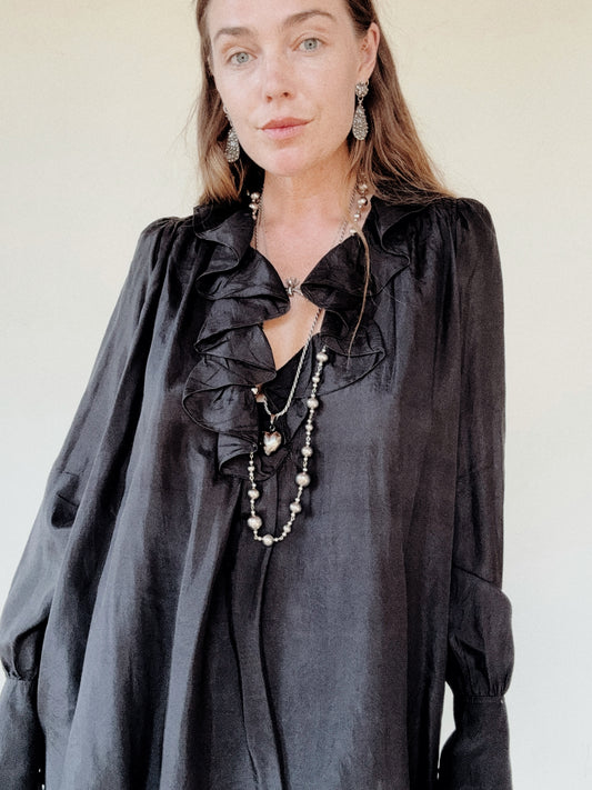 1970s Zandra Rhodes Black Silk Ruffled Tunic Blouse- S-S/M