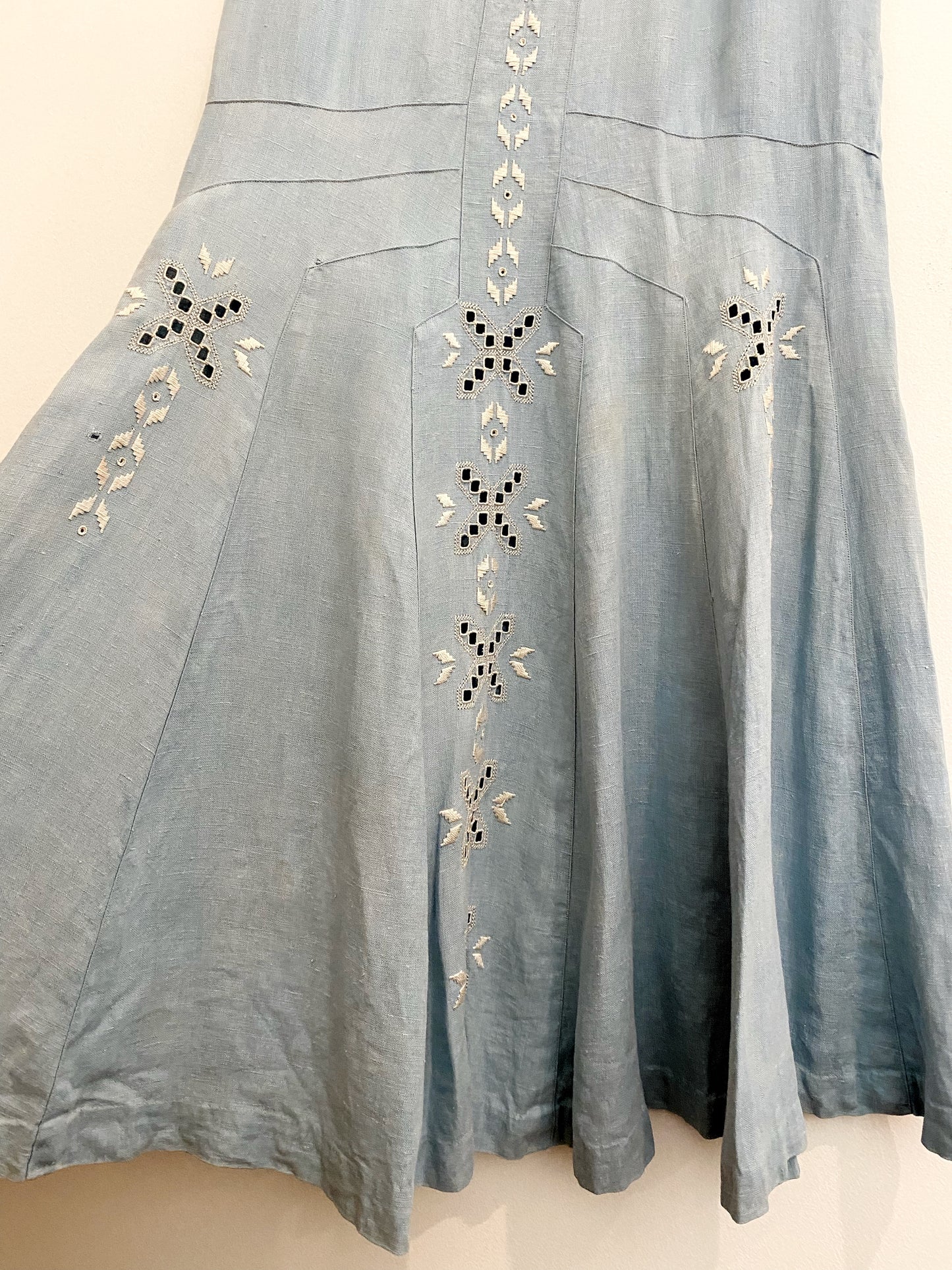 1920s Pale Blue Embroidered Linen Drop Waist Dress- M/L