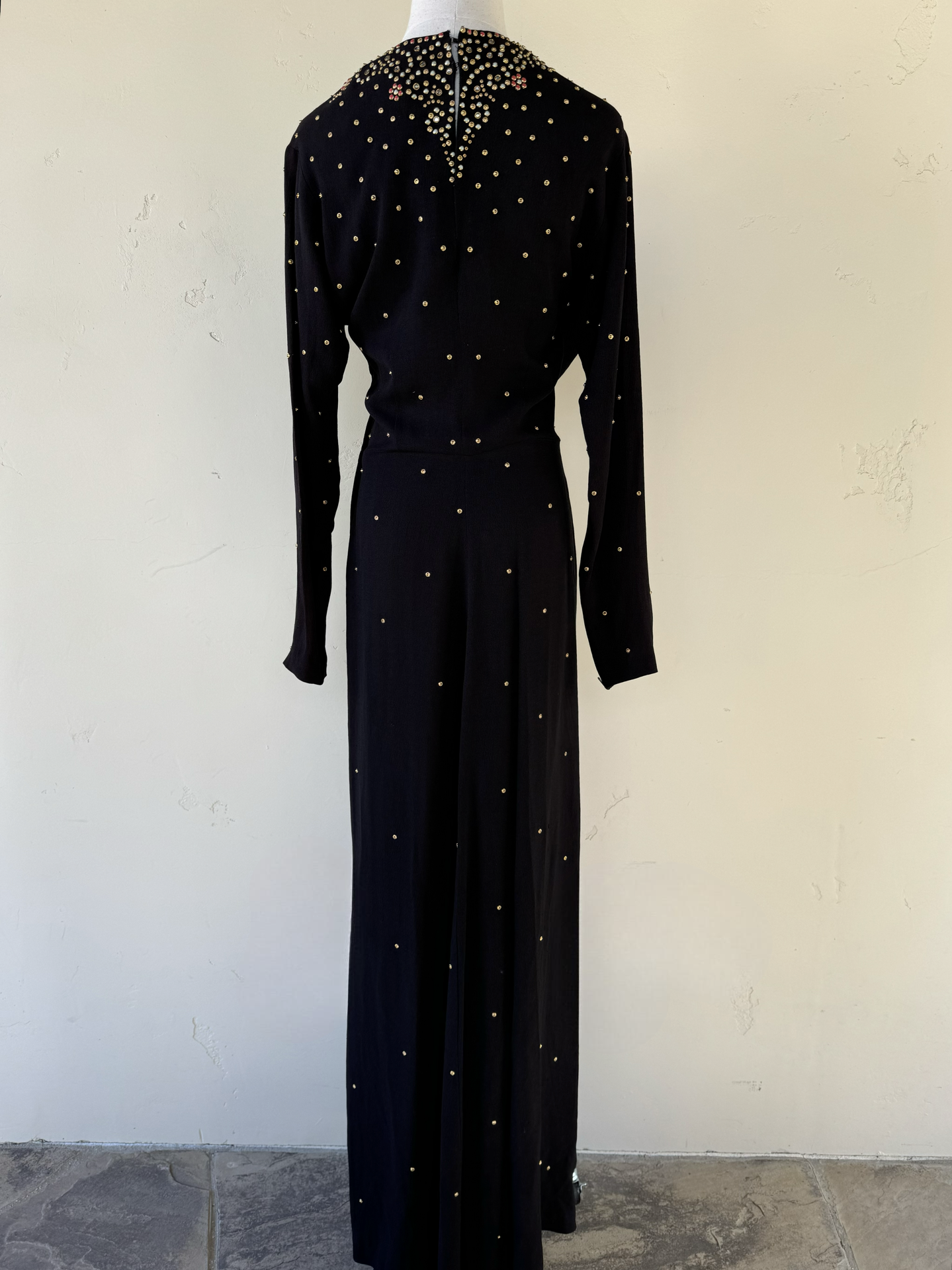 1940s Heavily Encrusted Rhinestone + Studded Crepe Evening Gown- M/L