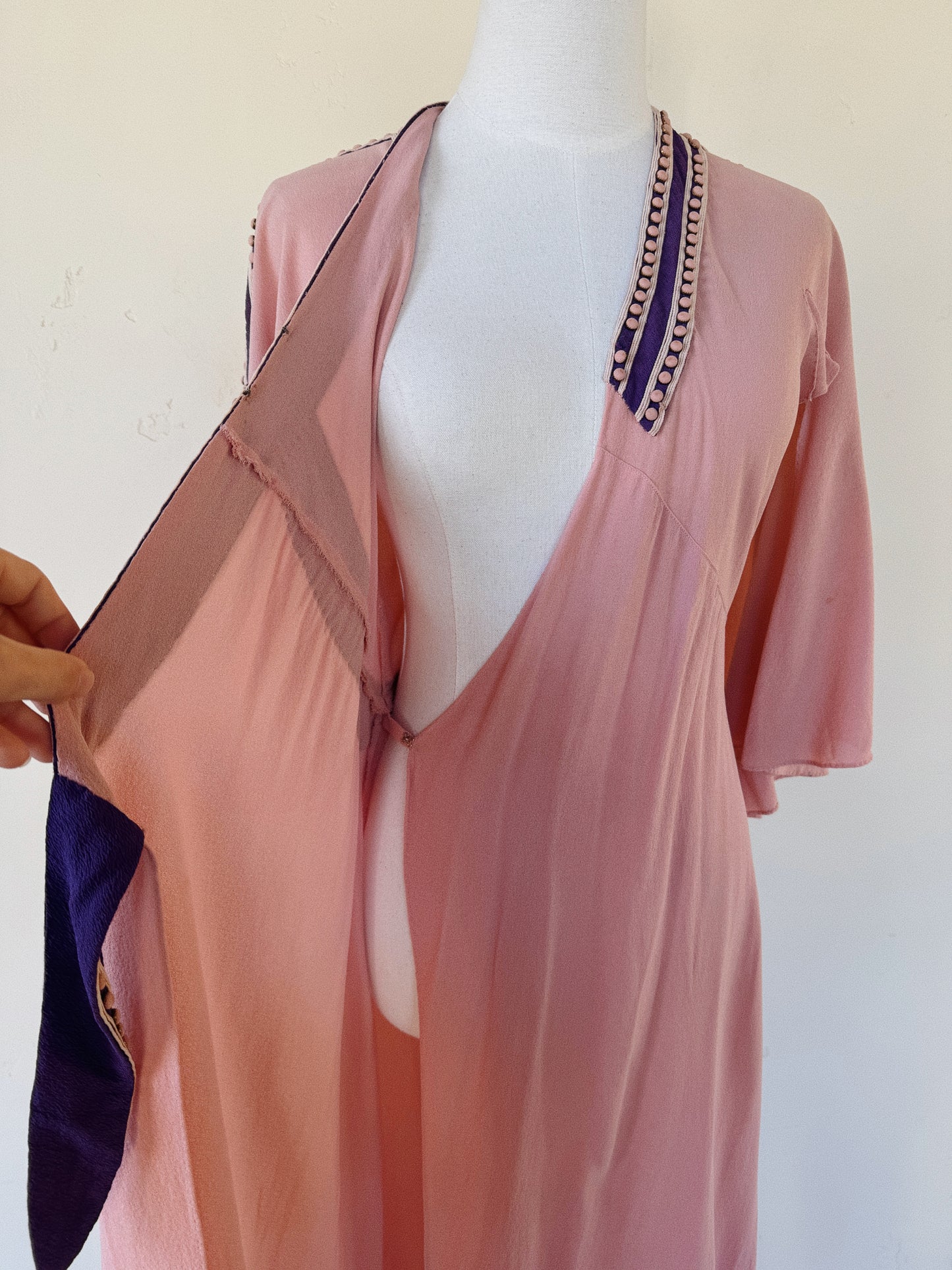 1930s Raspberry + Grape Sherbet Crepe Wrap Dress w/ Studs + Angel Sleeves- S/M