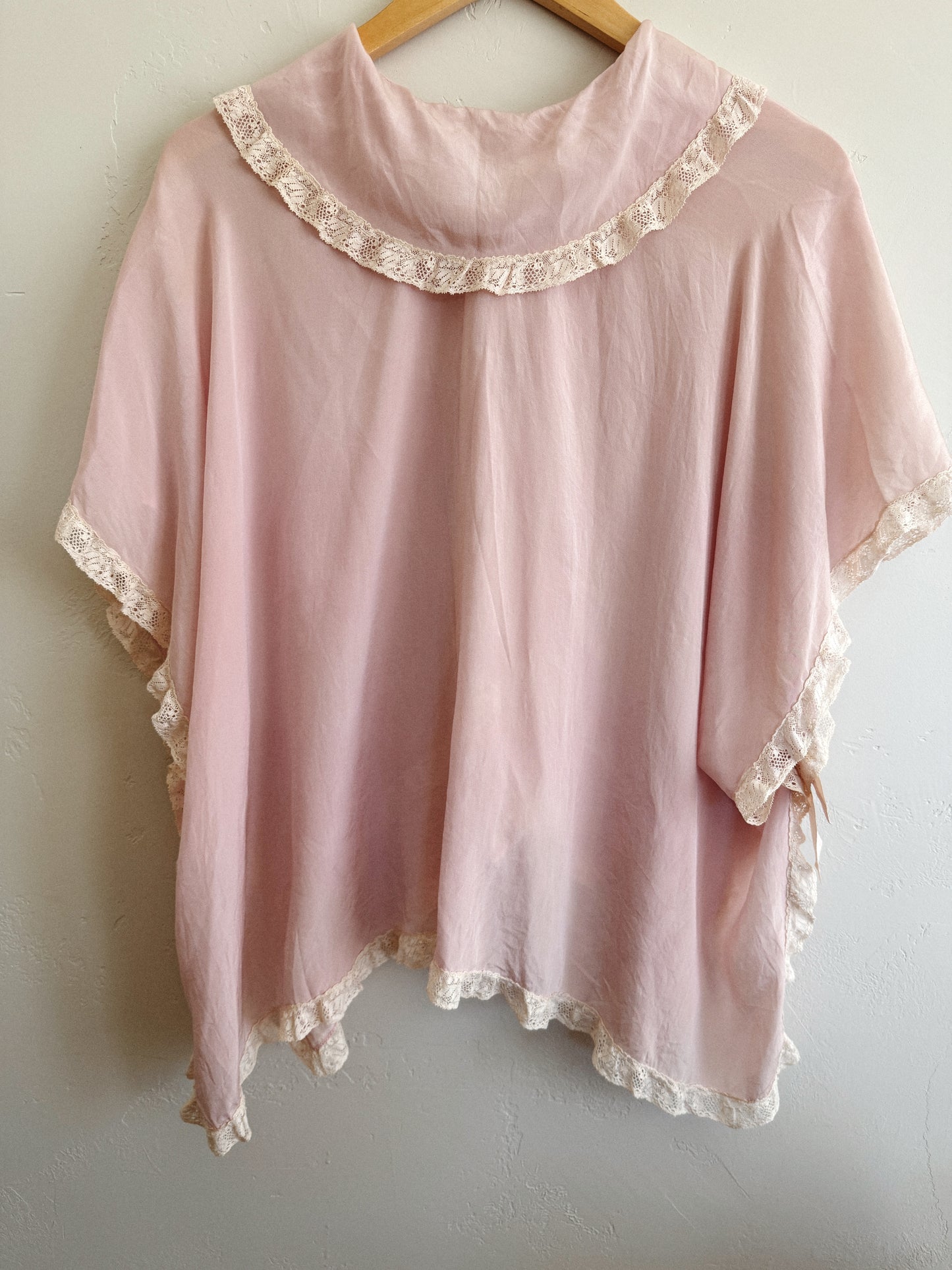 Edwardian Pink Silk + Lace Tabard Bed Jacket- S-L