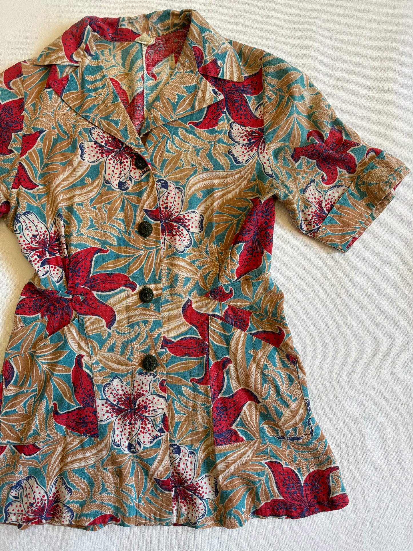 1940s Hawaiian Floral Cotton Blouse- S