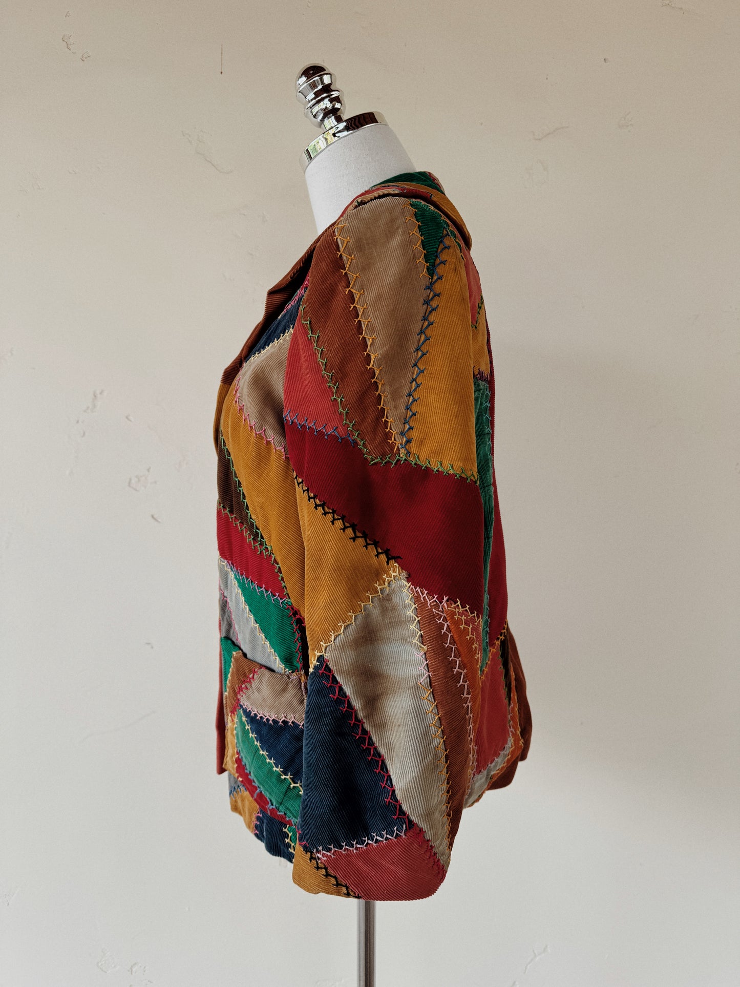 1940s Corduroy Crazy Quilt Jacket w/ Puffed Shoulders- S-M