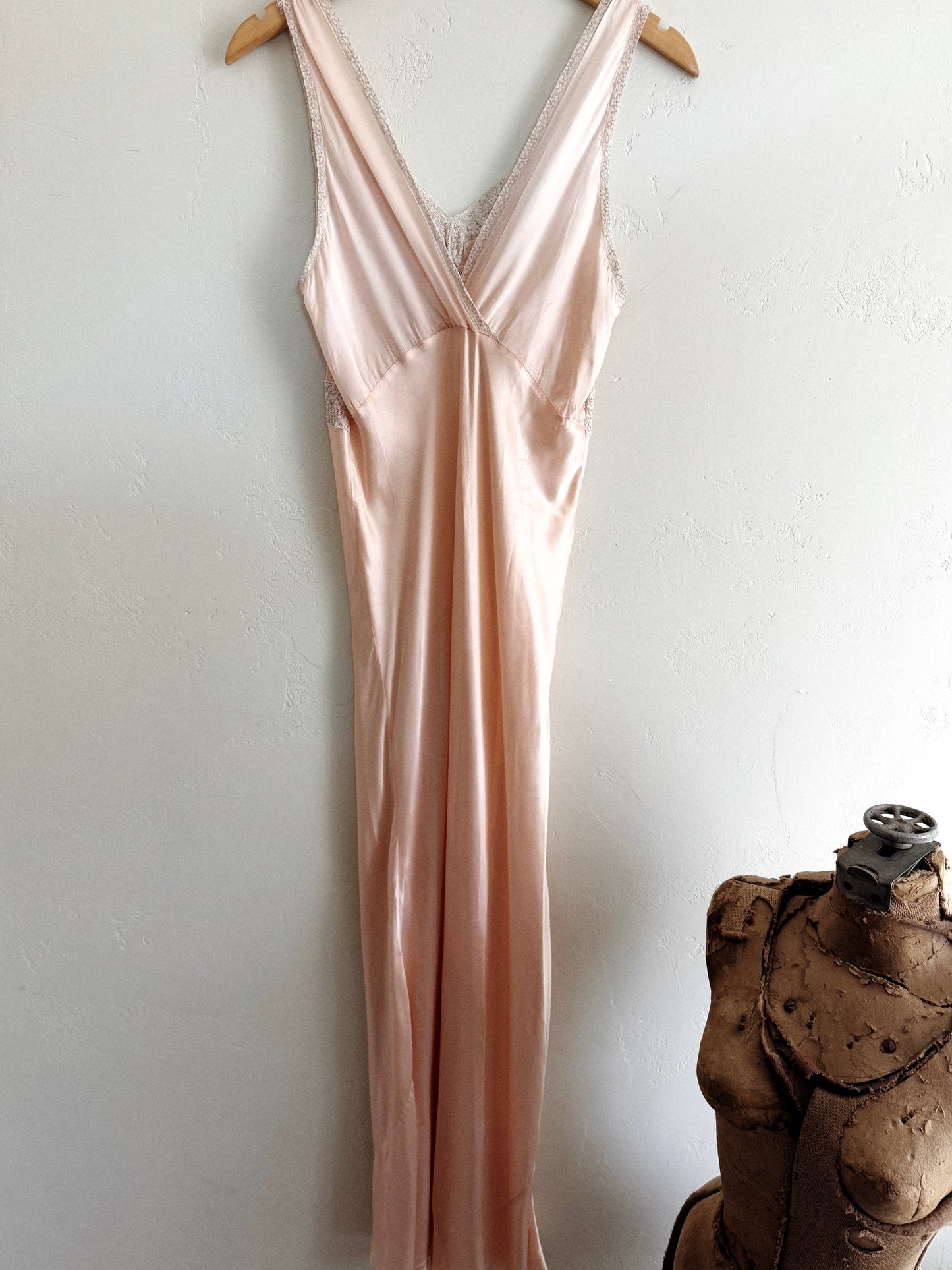 1930s Blush Pink Rayon Chiffon + Lace Slip Dress- S/M