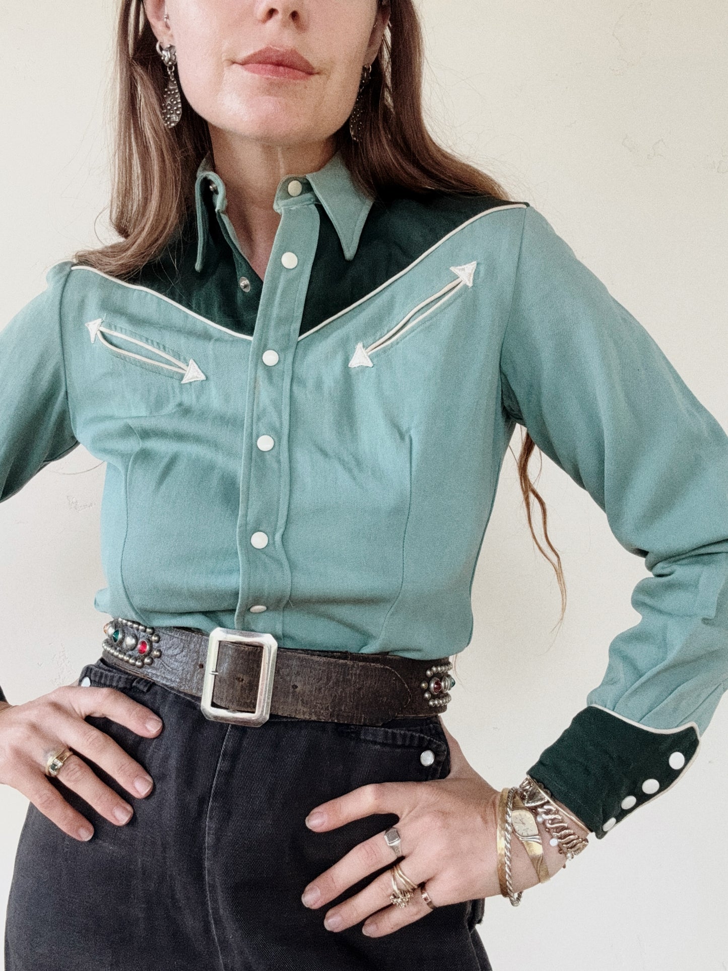 1950s Emerald + Sage Gabardine Western Top- S/M