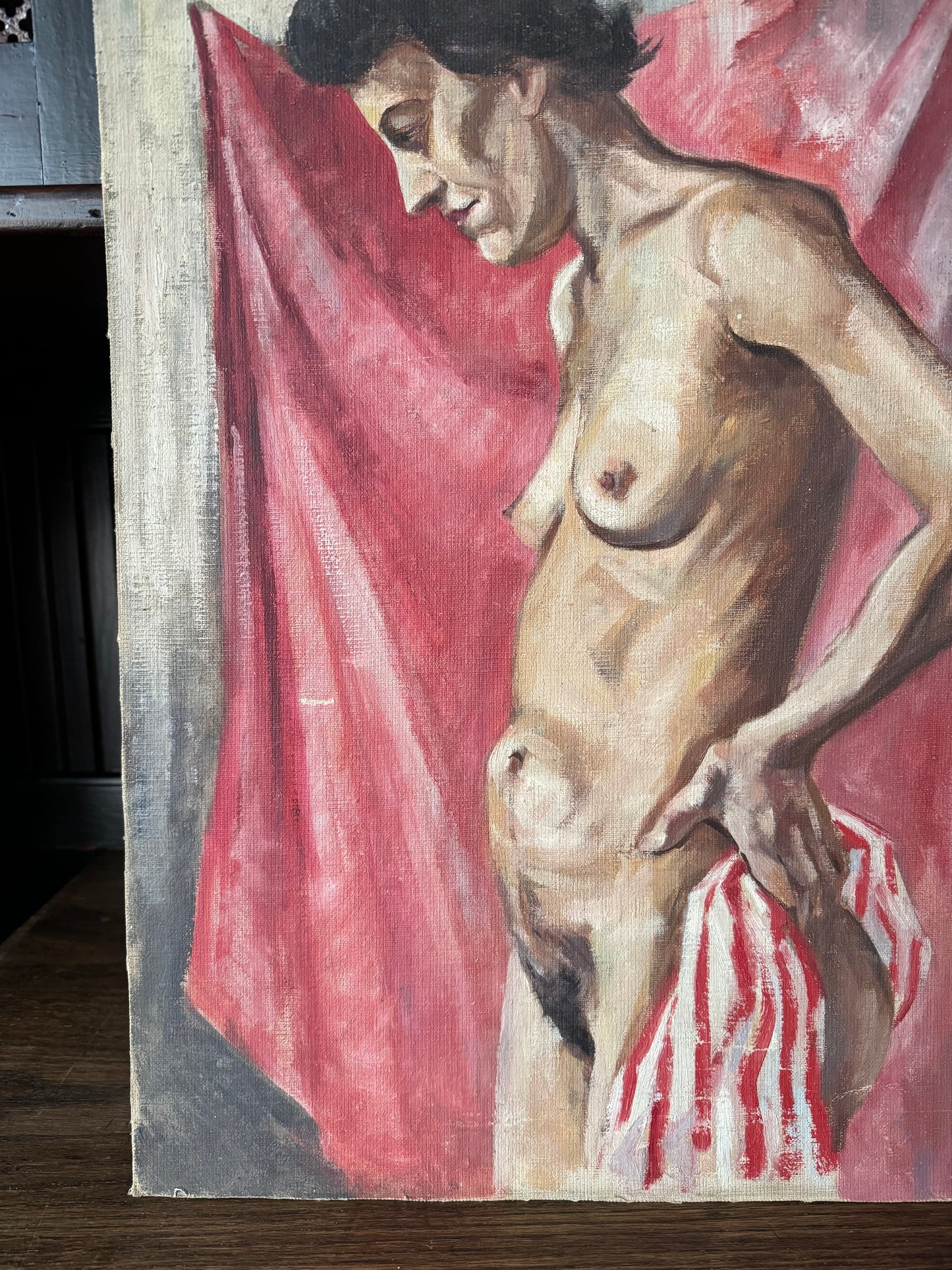 1940s Nude Painting of a Woman w/ Striped Towel Signed Waterman- 18x22”