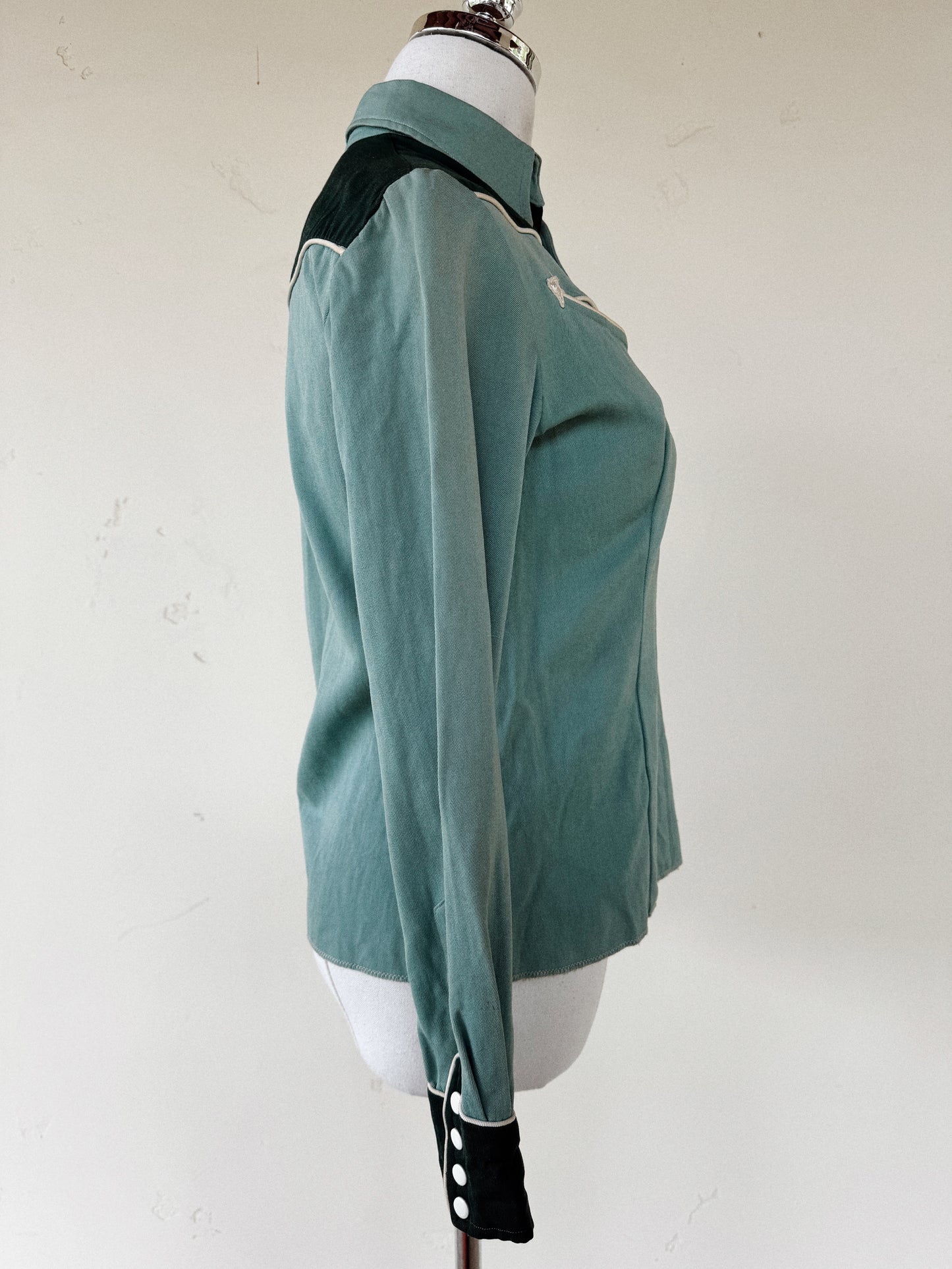 1950s Emerald + Sage Gabardine Western Top- S/M