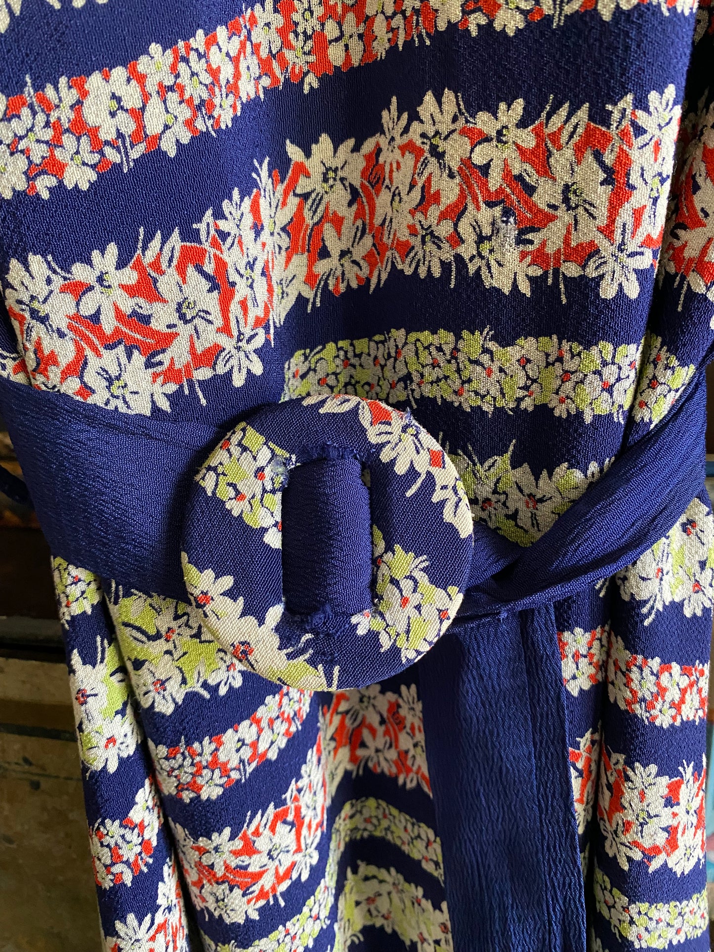 1930s Slinky Navy Floral Rayon Crepe Day Dress- S/M