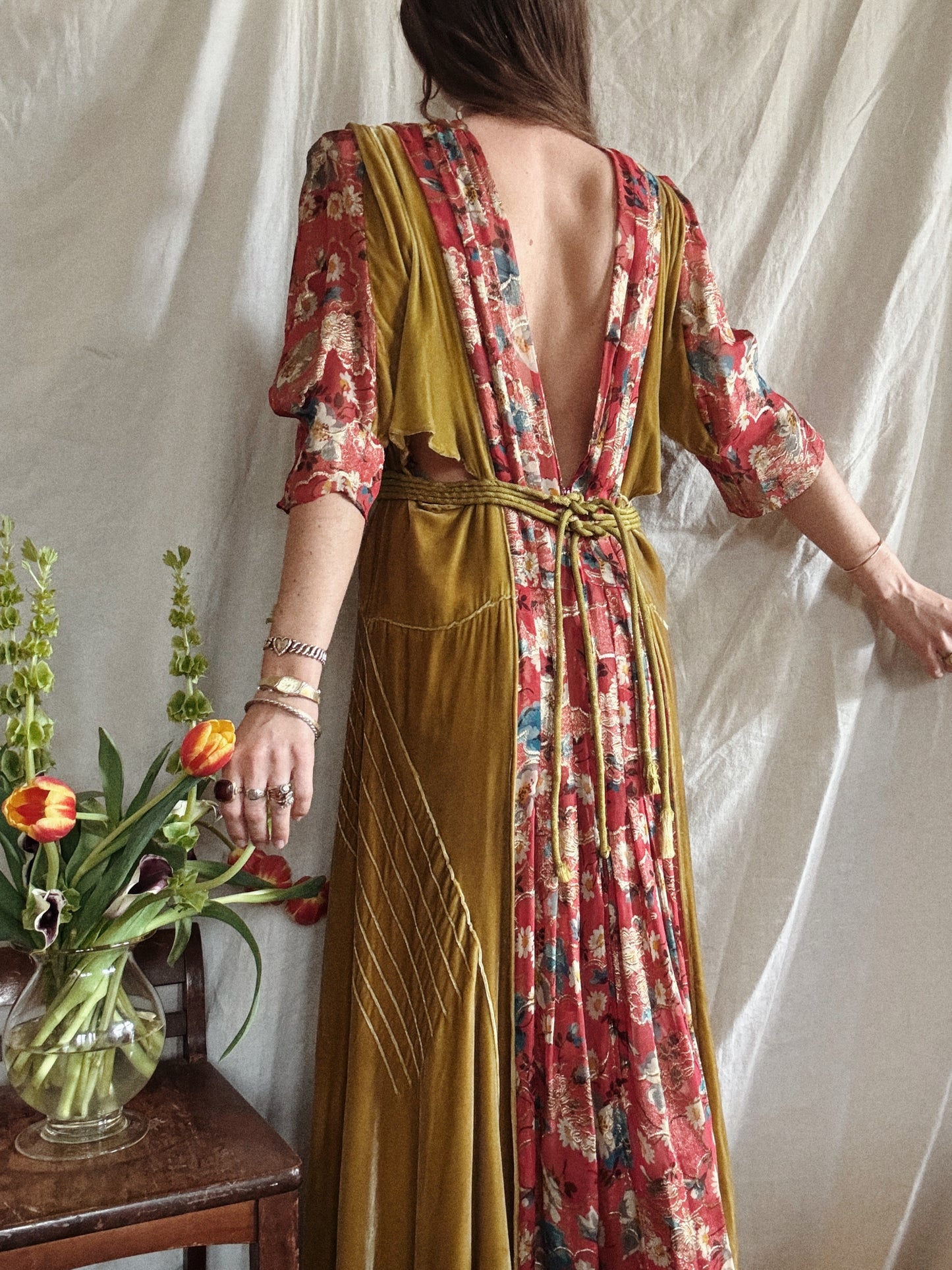 1930s Medieval Golden Velvet + Red Floral Lamé Gown- S/M