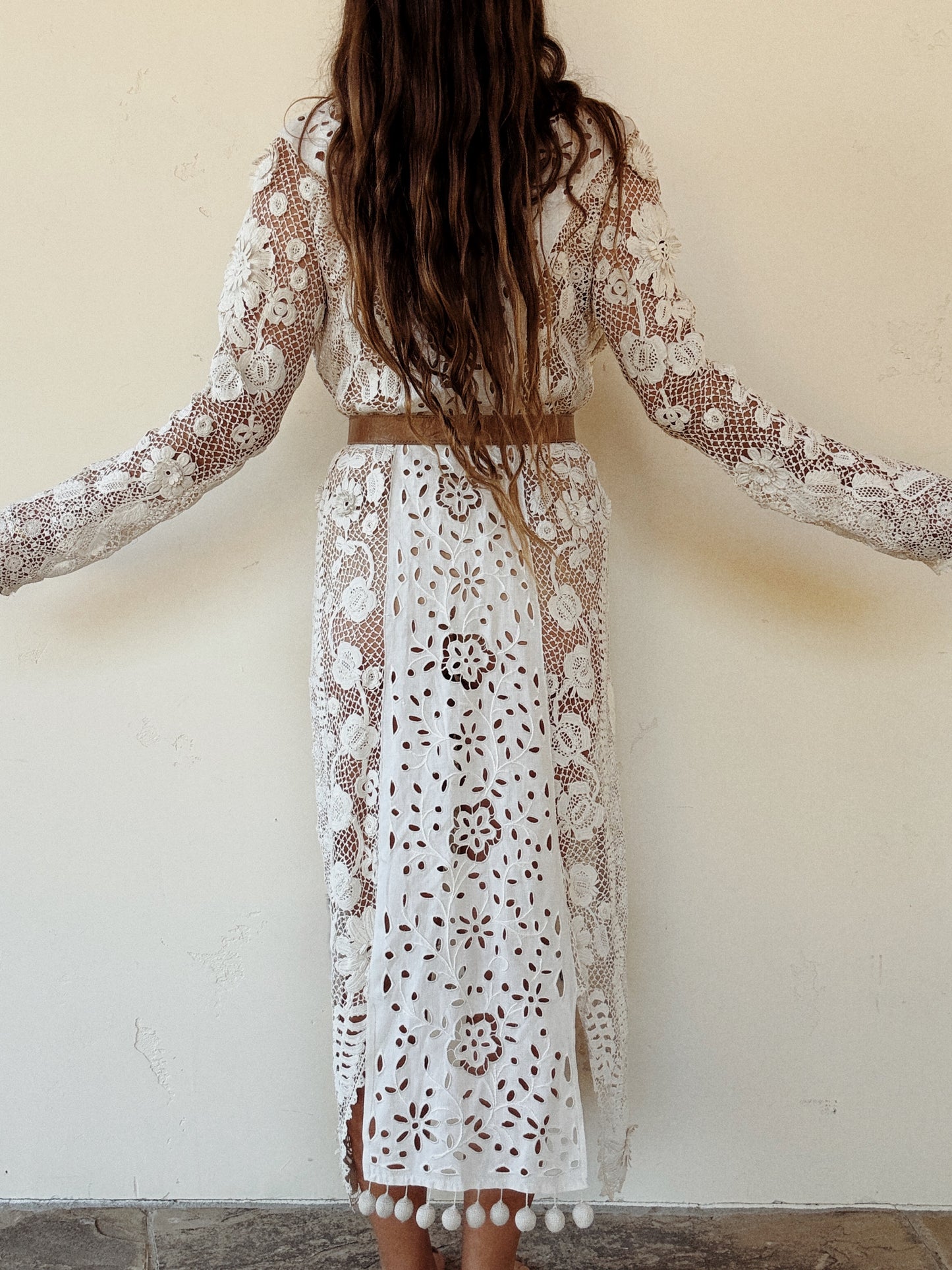 Rare Edwardian Irish Crochet Duster Coat w/ Pom Poms- M