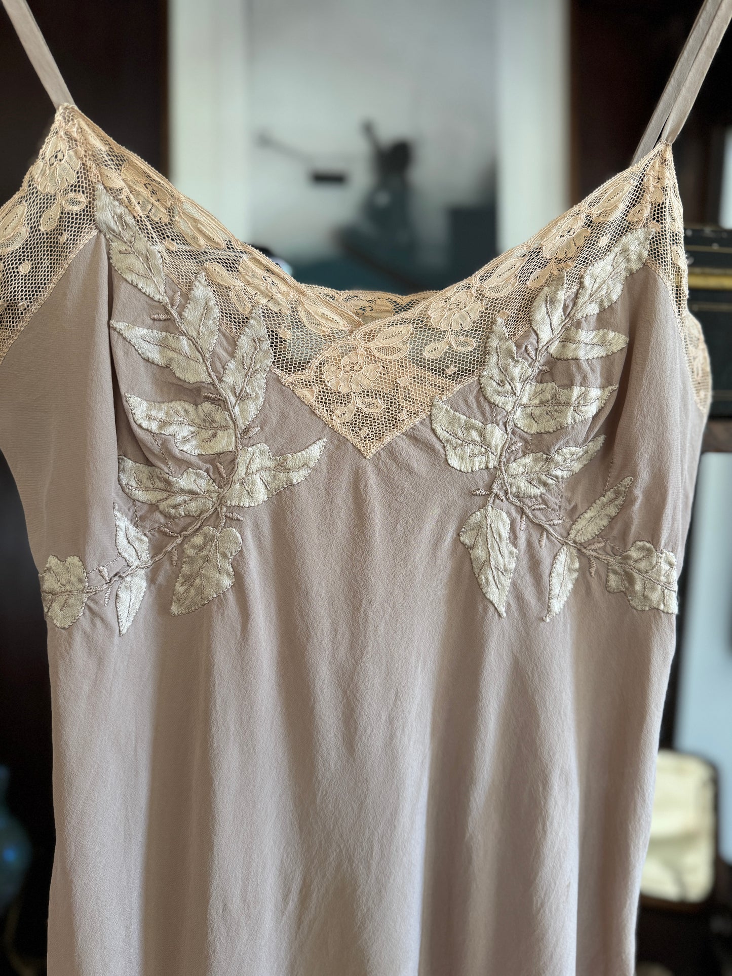 1930s Creamy Mocha Silk Slip Dress w/ Lace + Foliage Appliqué- S
